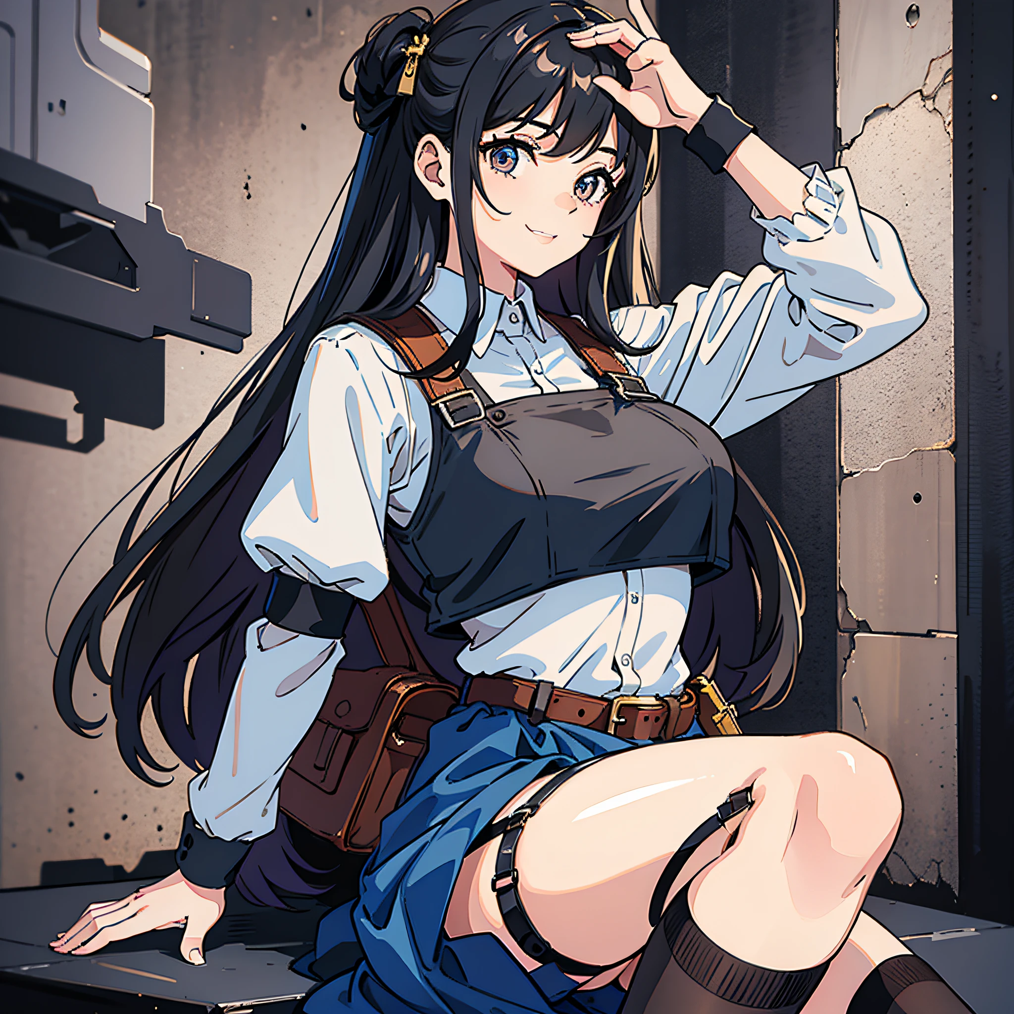 (best quality, masterpiece: 1.3), 1girl,looking at the viewer，garter belt on one leg, knee pad on the other leg, perfect hand, delicate,long hair,The right hand salutes, the left hand holds an AK47 rifle, smiles, has bright eyes, black hair, and is wearing a bulletproof vest，the whole body，the whole body，The observer's line of sight is aligned with the waist