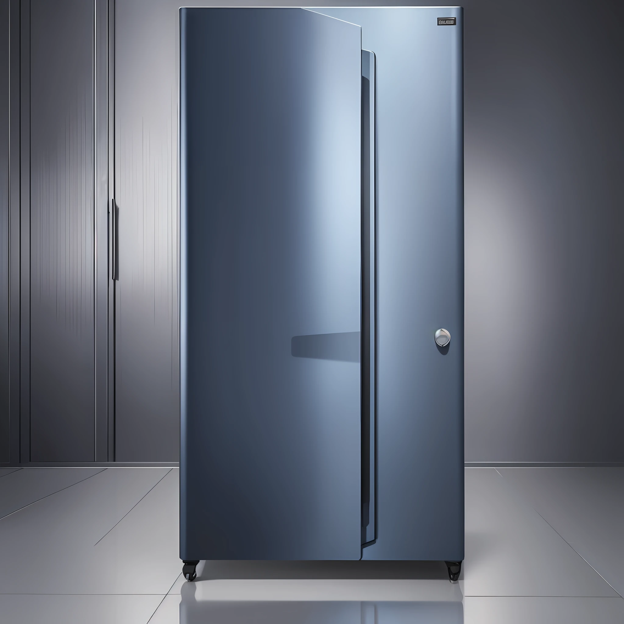 Large refrigerator, dark blue metal panel, external display, metal invisible handle, clear and smooth lines, award-winning details, stylish design, clean and original design, amazing quality, modern and rustic", high-resolution product photos designed for comfortable aesthetics! , award-winning crisp detail, studio-quality rendering, real-world --auto --s2