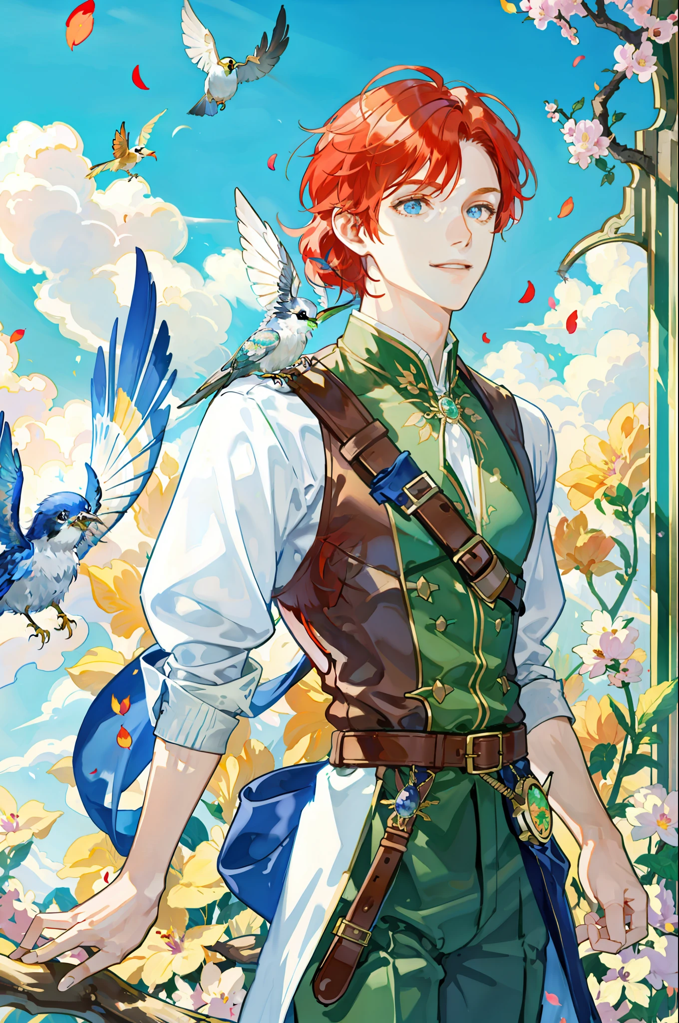 Masterpiece, 1 male, (colorful), (delicate handsome eyes and delicate face), redhead, sunshine, bust, detailed CG, smile, Robin hood dressup, flying bird, ((flying petals)), light theme,