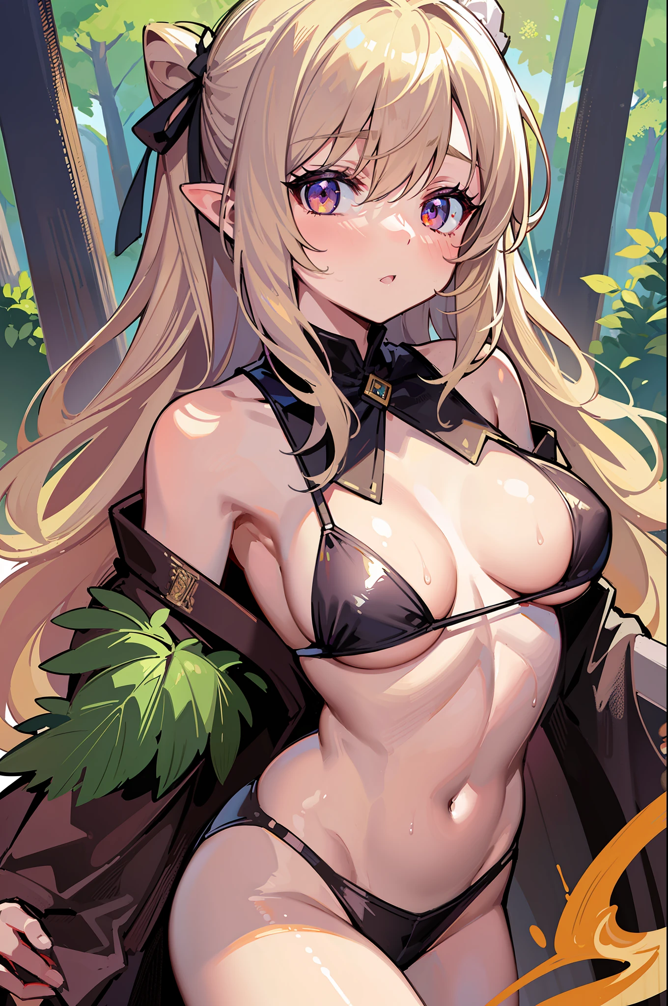 (MASTERPIECE), (Best Quality), (Ultra Detail), (Best Anatomy), Official Art, One Girl, Lori with Light Colored Hair, Petite , Silk Robe, Small Breasts, Cleavage, Off Shoulder, Underboob, Side Boob, Thigh Focus, Navel Out, Low Angle, Wet Sheer, Breasts, Card Illustration, Sanctuary, Forest