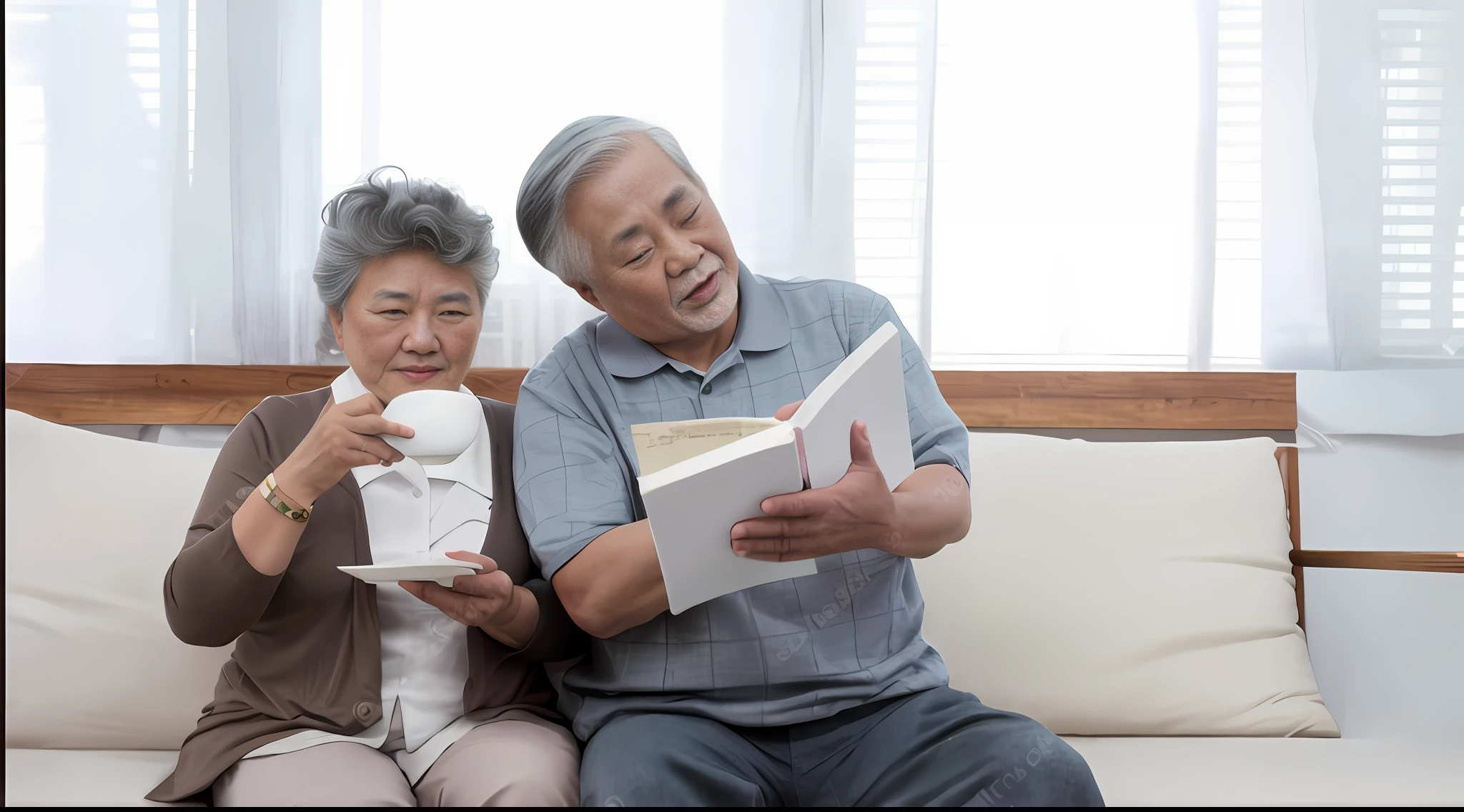 old couple, asian, black hair, living room, relaxing, dark casual wear, 8k, ultra high res, masterpiece