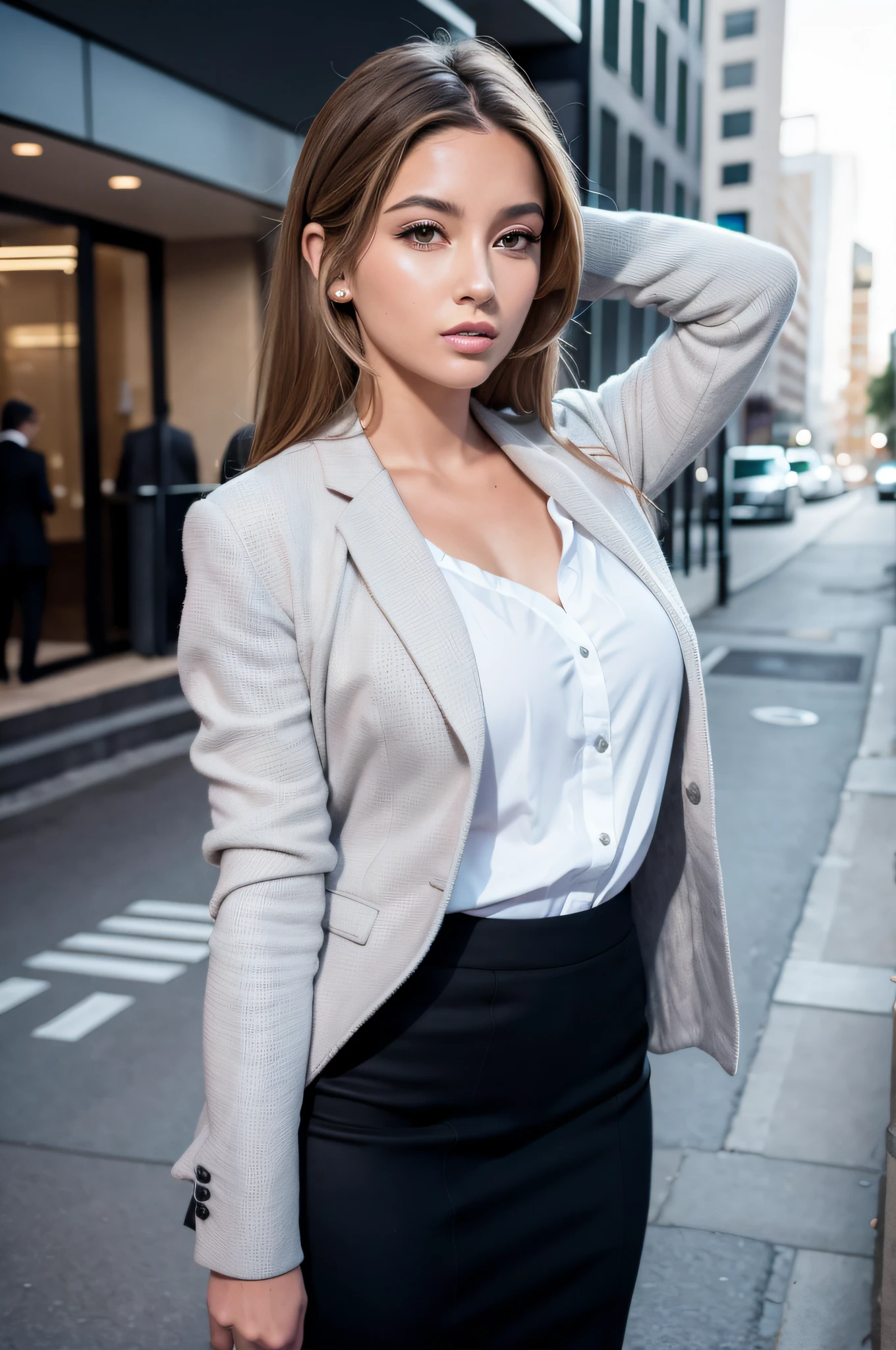 woman in a business suit posing on a city street, girl in suit, girl in suit, smart girl in city suit, smart fashion model, in business suit, businesswoman, sophisticated young woman, in business suit, in business suit, young businesswoman, in city street, wearing a smart outfit,  with a business suit, Wear a strict business suit, blonde, Swedish