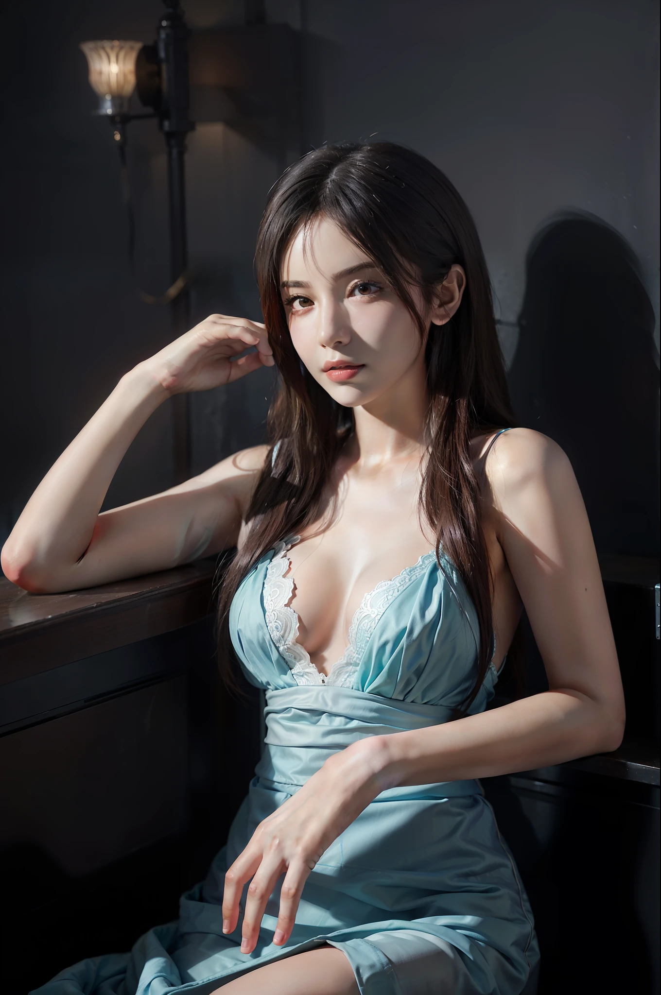 Portrait of a female hyperrealist by David Hockney and Alphonse Mucha, fantasy art, photorealistic, dynamic lighting, art station, volumetric lighting, highly detailed face, 8 k, award-winning ,, 1girl, darkness, deep shadows, lying , (official clothes: 1.4), long hair, gray hair,