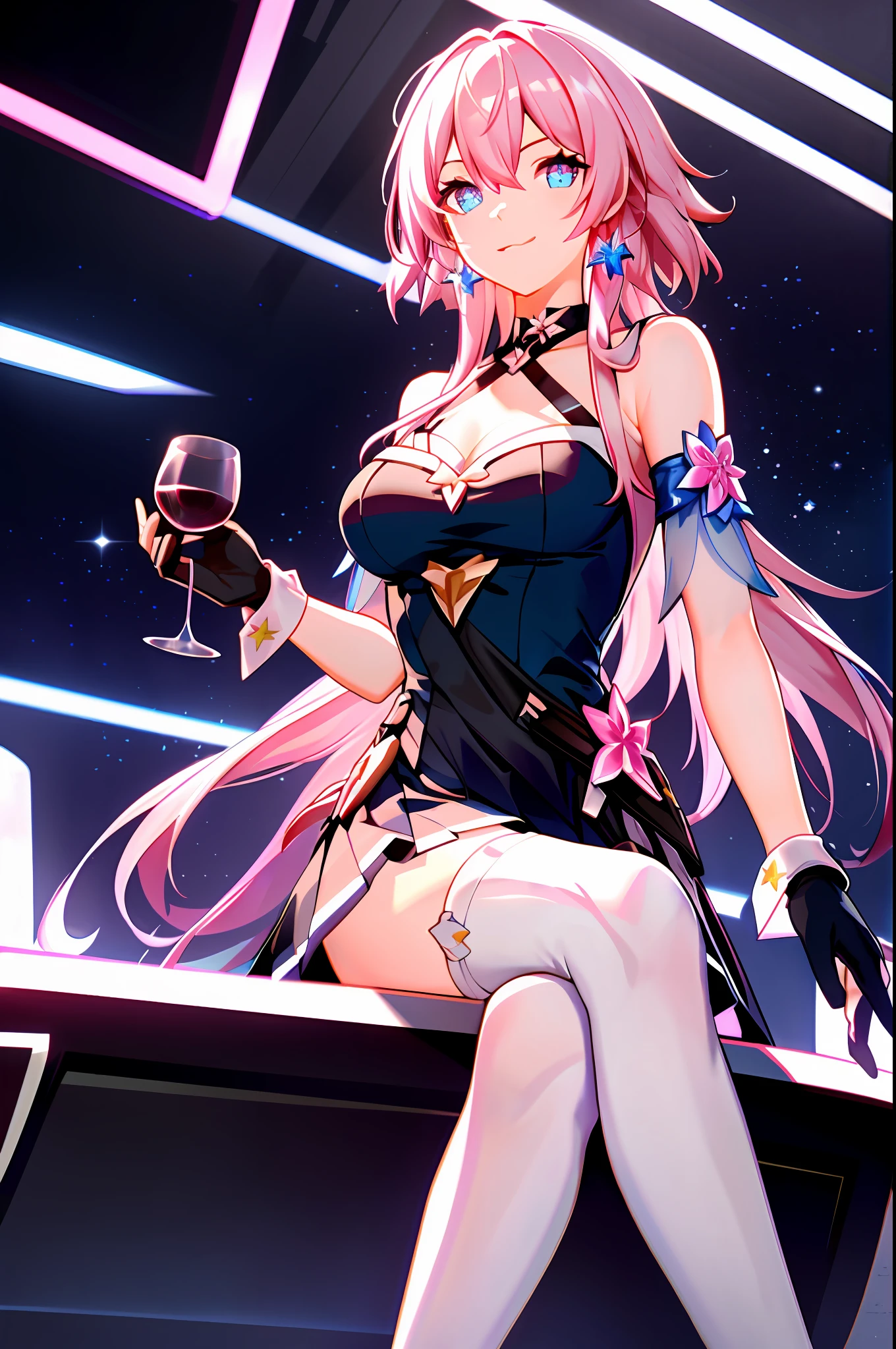 7thmarch,7th_march, honkai star rail, 1girl, alcohol, alternate costume, armlet, bare shoulders, black background, black dress, black gloves, black thighhighs, breasts, cleavage, criss-cross halter, cup, dress, drinking glass, flower, gloves, gradient background, hair between eyes, blue earing, halterneck, holding, holding cup, large breasts, long hair, looking at viewer, pink hair, pink nails, blue eyes, see-through gloves, solo, thighhighs, thighs, very long hair, wine, wine glass, ((masterpiece)) pleated pink skirt, sitting,