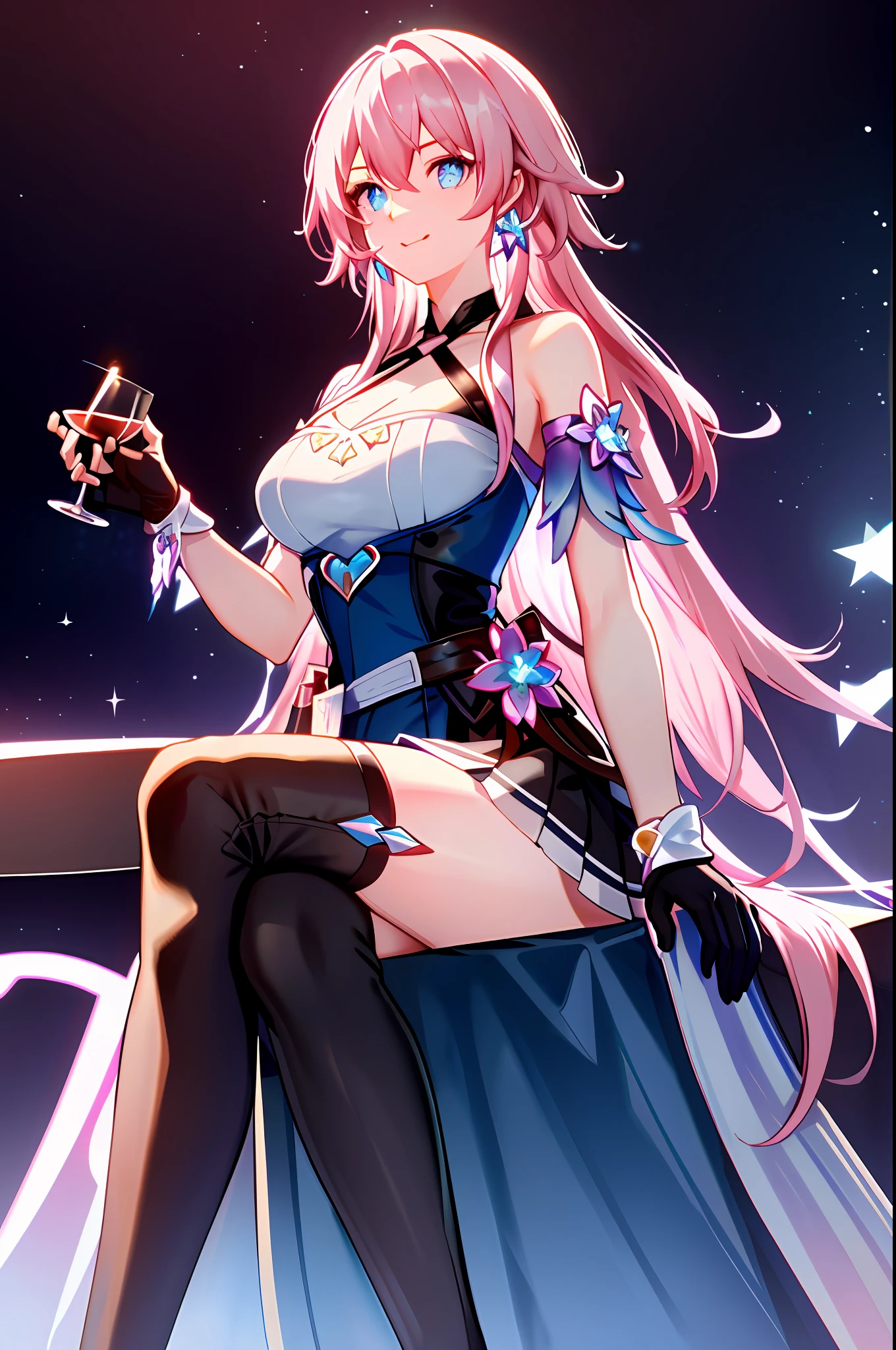 7thmarch,7th_march, honkai star rail, 1girl, alcohol, alternate costume, armlet, bare shoulders, black background, black dress, black gloves, black thighhighs, breasts, cleavage, criss-cross halter, cup, dress, drinking glass, flower, gloves, gradient background, hair between eyes, blue earing, halterneck, holding, holding cup, large breasts, long hair, looking at viewer, pink hair, pink nails, blue eyes, see-through gloves, solo, thighhighs, thighs, very long hair, wine, wine glass, ((masterpiece)) pleated pink skirt, sitting,