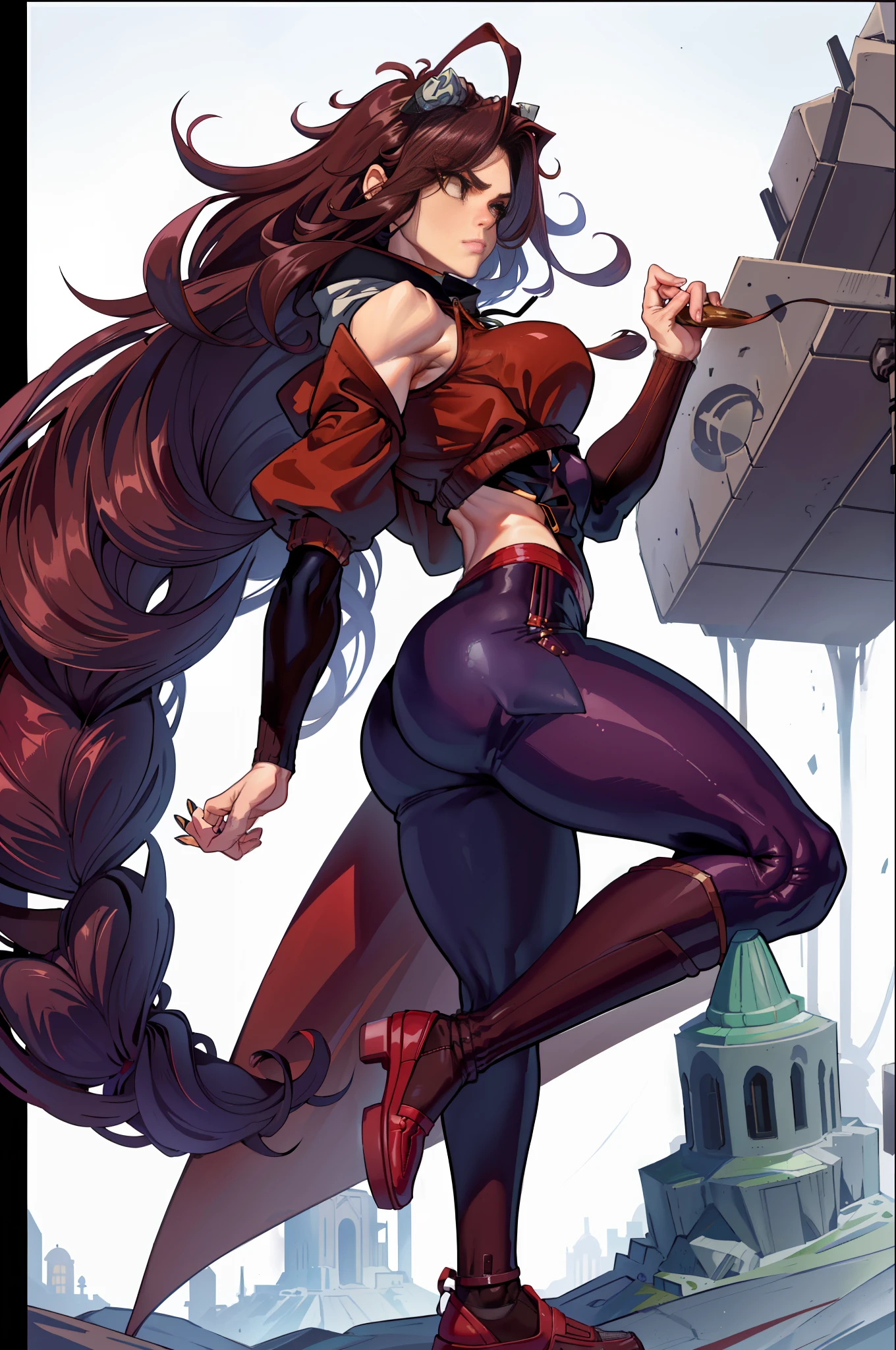 1girl, (((solo)))), bodybuilder, musuclar, hoodie oversized, big ass, strong shoulders, dark wine-colored hair, her hair is mostly at chin height with the addition of elbow-length fringes that frame both sides of her face, her bangs are curled frontally with a hair stylist-like device on the top of her head, brown eyes,masterpiece, best quality, shoes, full body, posing for a photo, beautifully colored-coded, socks, scrunchbutt leggings white background, studio, looking away, hooded, landscape a cave, night weather, strong wind, dust in the air, Izayoi Aki