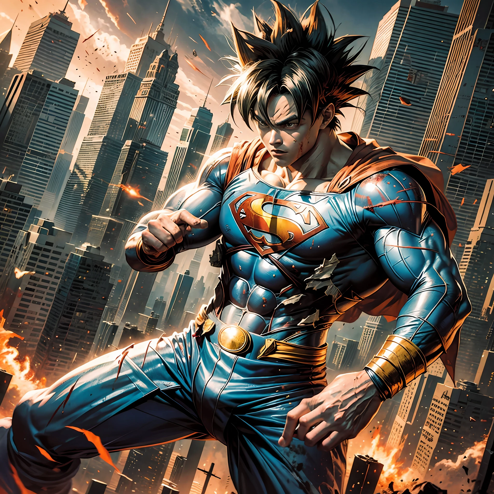Goku fighting superman, realistic, city, destruction, blood, battle damage --auto --s2