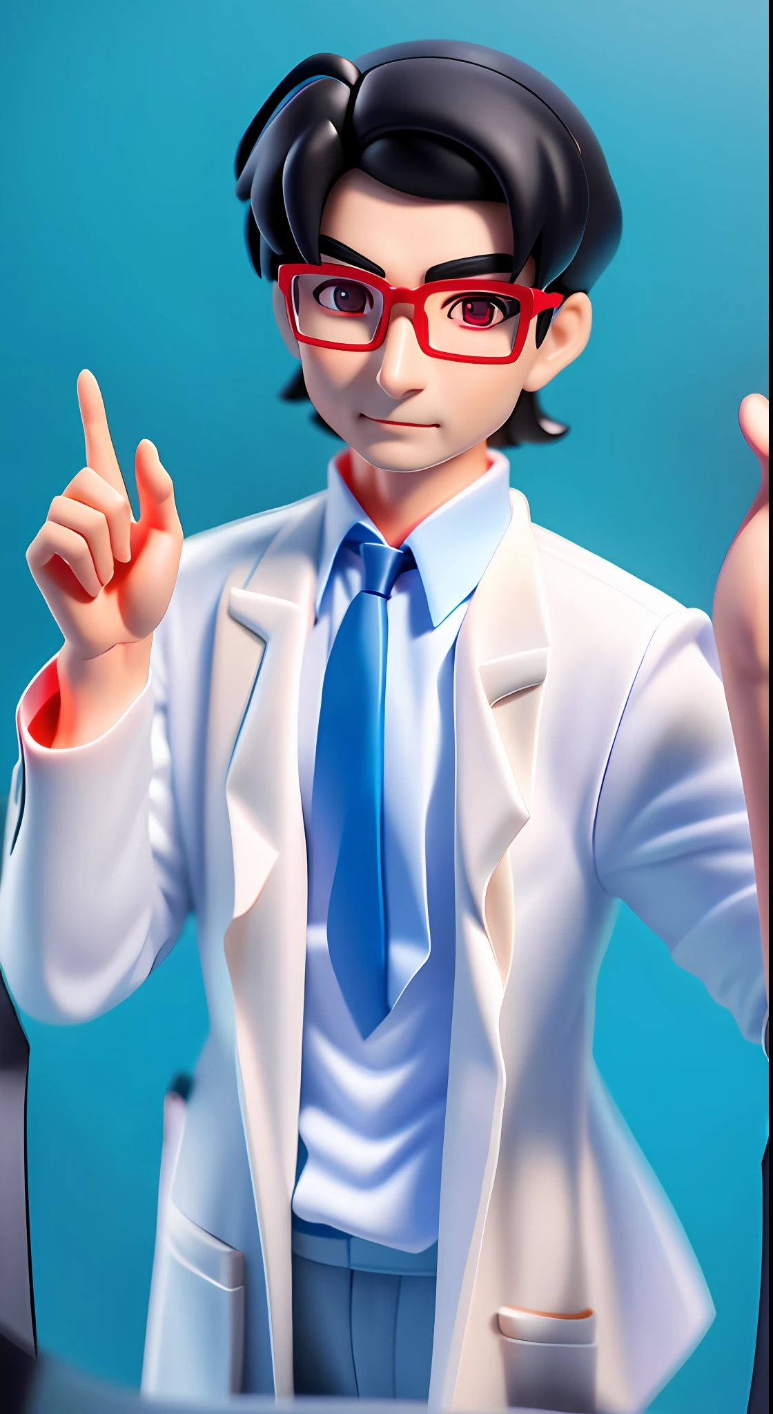 Blind box toy style, male doctor with glasses, black frames, black hair, wearing a white lab coat with a blue shirt and red tie underneath