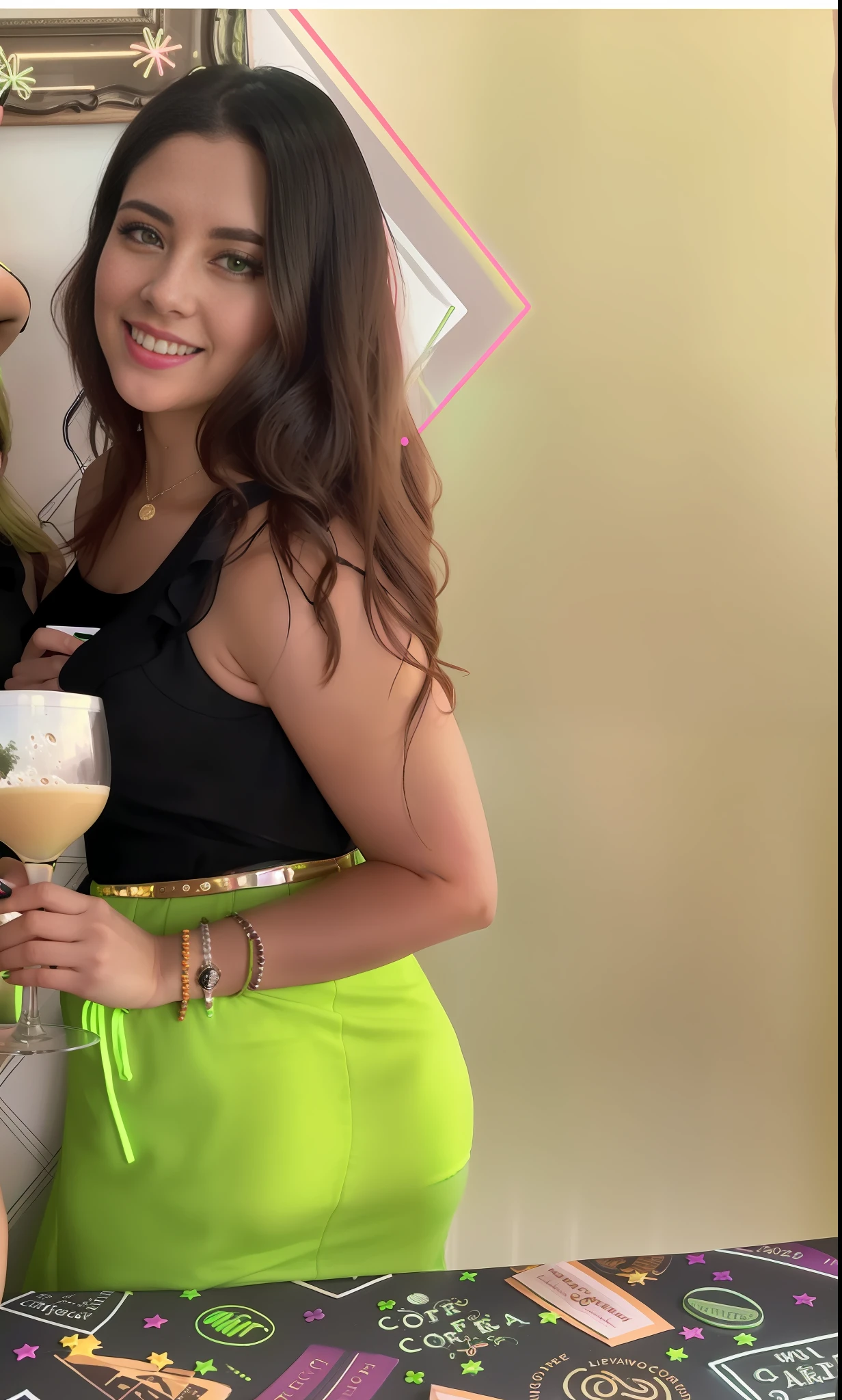 two women holding a cup of coffee in front of a cake, with a drink, wearing a neon green dress, holding a drink, outfit photo, neon vibes, photo from the back, taken in the early 2020s, close up half body shot, she holds a glass of wine, 3 0 years old woman, 30 years old woman, lime green