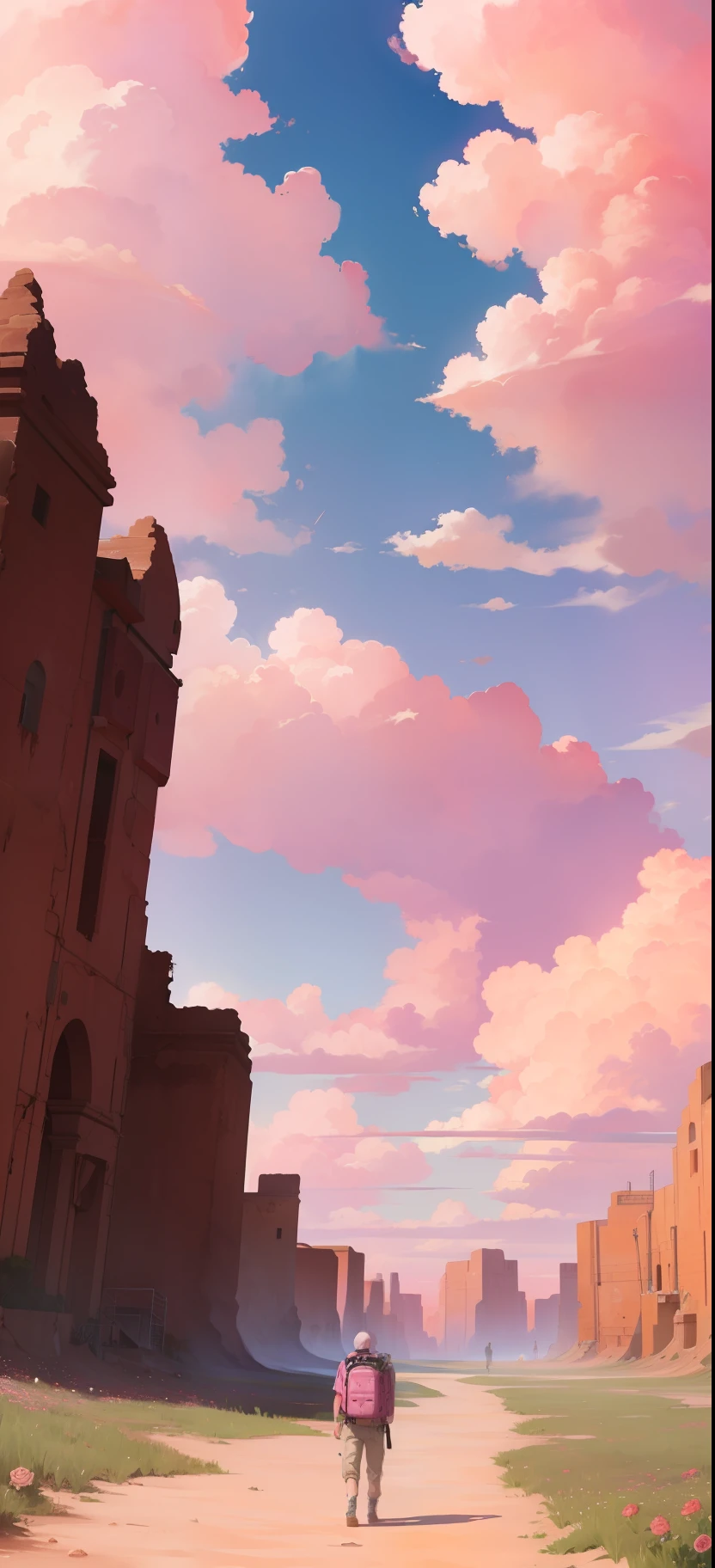 Summer, desert, pink clouds, a land overgrown with roses, James Gurney, art station rendering, ultra-wide lens, high definition
