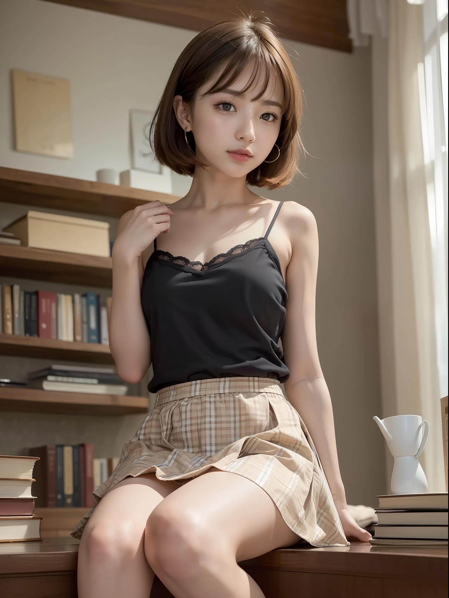 ((Best quality, 8k, Masterpiece: 1.3)), Sharp focus: 1.2, (1 AESPA girl: 1.2), beautiful face girl, cute face, age 28, small breasts, flat chest, brunette short messy hair, sitting paw pose, camisole, skirt, cafe, books, sunlight, kindness, cinematic lighting, from below, (8k, masterpiece, best quality, raw photo)