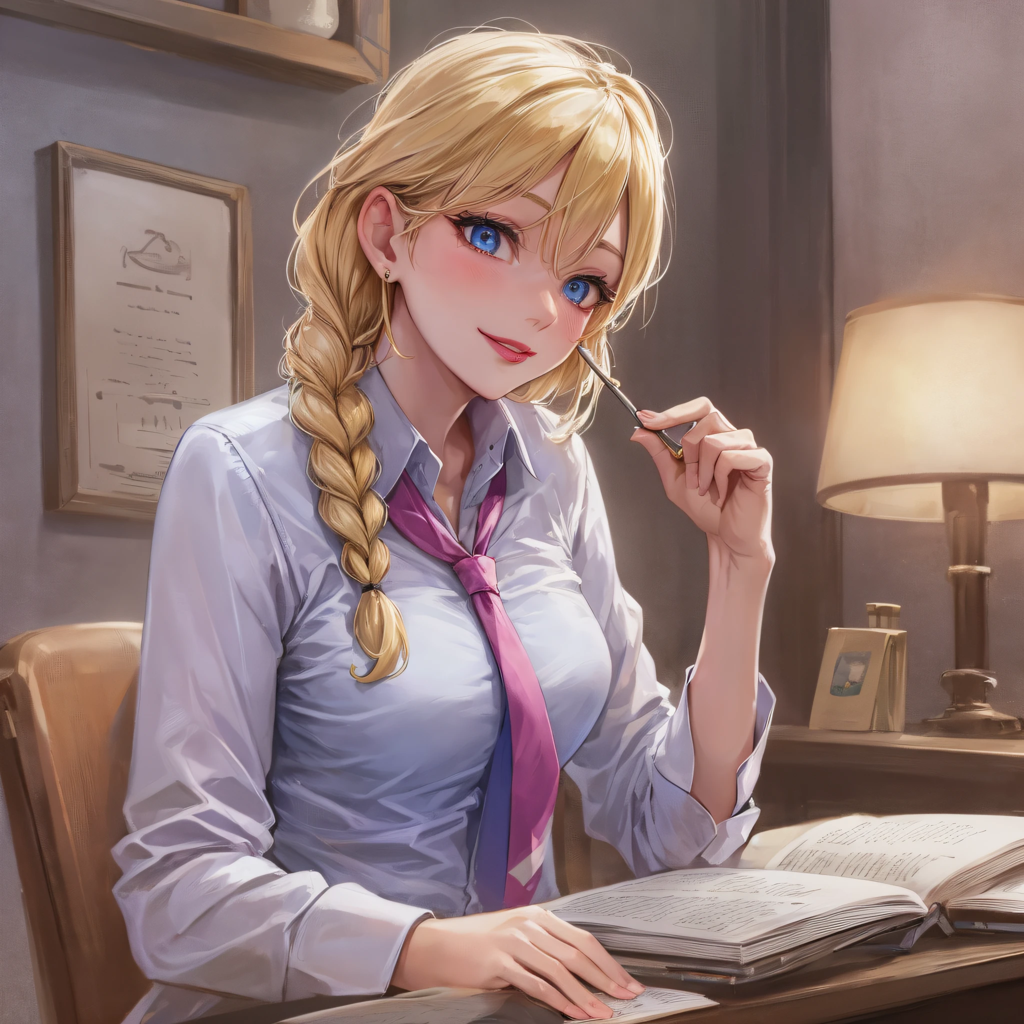 Girl, Solo, Elsa (frozen), sitting, blonde, shirt, tie, smile, looking at the audience, chair, makeup, blue eyes, reality, collared shirt, lips, pink tie, white shirt, sleeves rolled up, nose, braid, lipstick, red lips --auto --s2