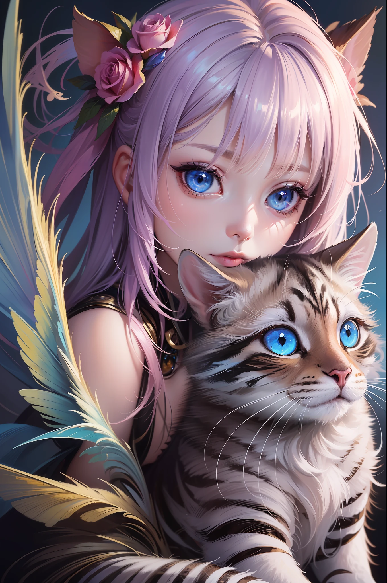 ( Absurd, High quality, ultra-detailed, masterpiece, concept art, smooth, highly detailed artwork, hyper-realistic painting )beautiful eyes(eyes detailed),1 pretty girl, surrounded with cute tiny cat with wings, Rose with pink, yellow, and blue color, Rainbow, dreamy, clouds, Vivid, fantasy