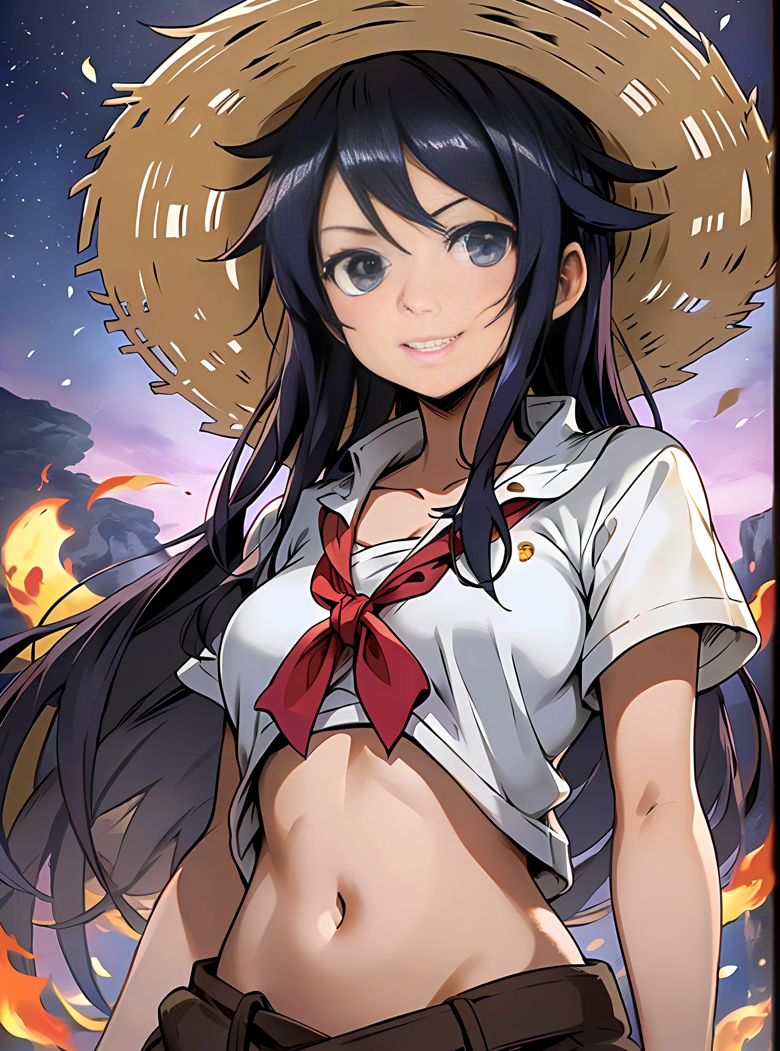 1girl, wanostyle, monkey d luffy, smiling, straw hat, looking at viewer, solo, upper body, ((masterpiece)), (best quality), (extremely detailed), depth of field, sketch, dark intensive shadows, sharp focus quality, soft lighting, HDR, colorful, good composition, fire all around, spectacular, closed shirt, anime screenshot, scar under the eyes, ready to fight, blue eyes