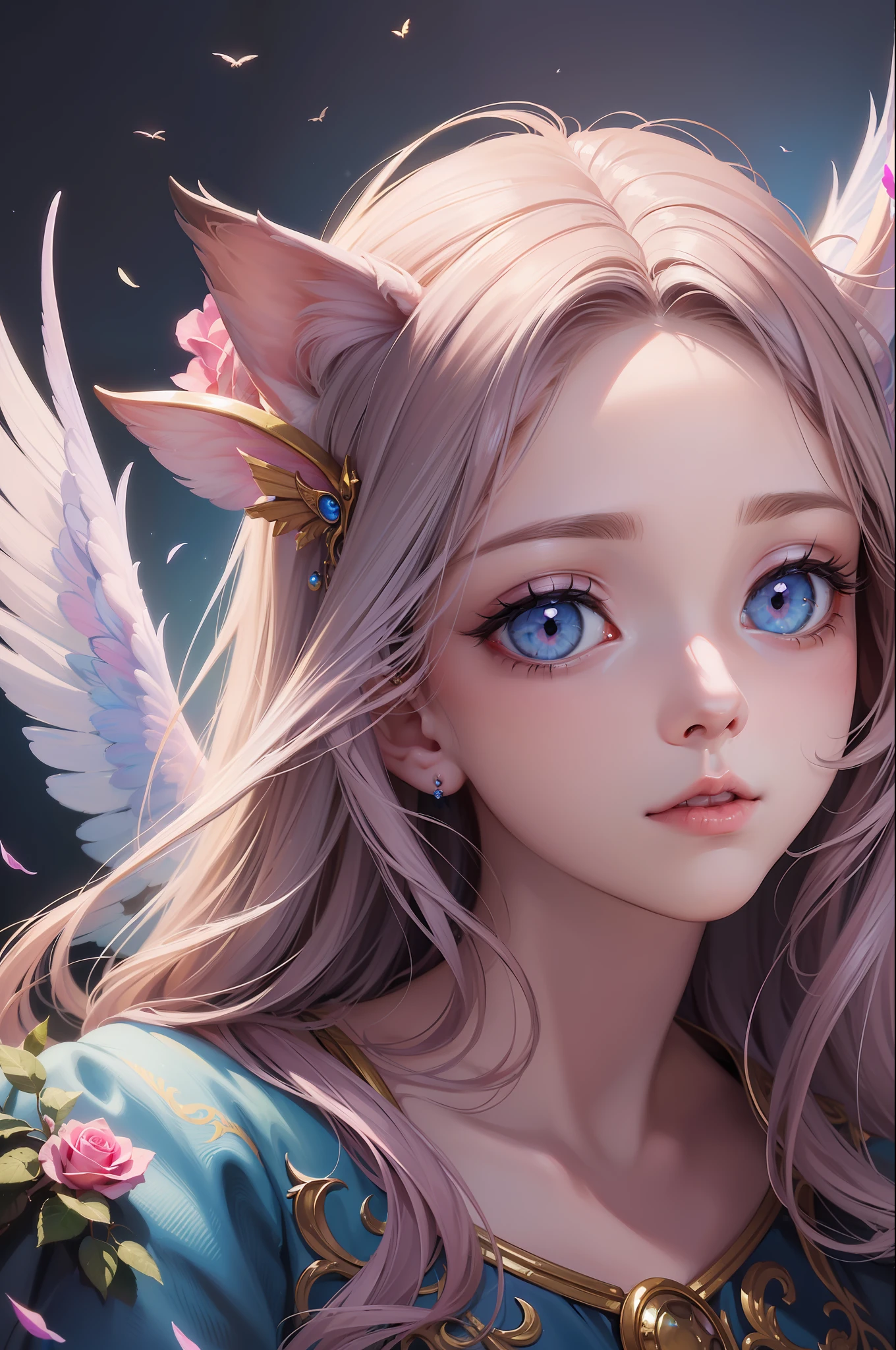 ( Absurd, High quality, ultra-detailed, masterpiece, concept art, smooth, highly detailed artwork, hyper-realistic painting )beautiful eyes(eyes detailed),1  pretty girl, surrounded with cute tiny cat with wings, Rose with pink, yellow, and blue color, Rainbow, dreamy, clouds, Vivid, fantasy