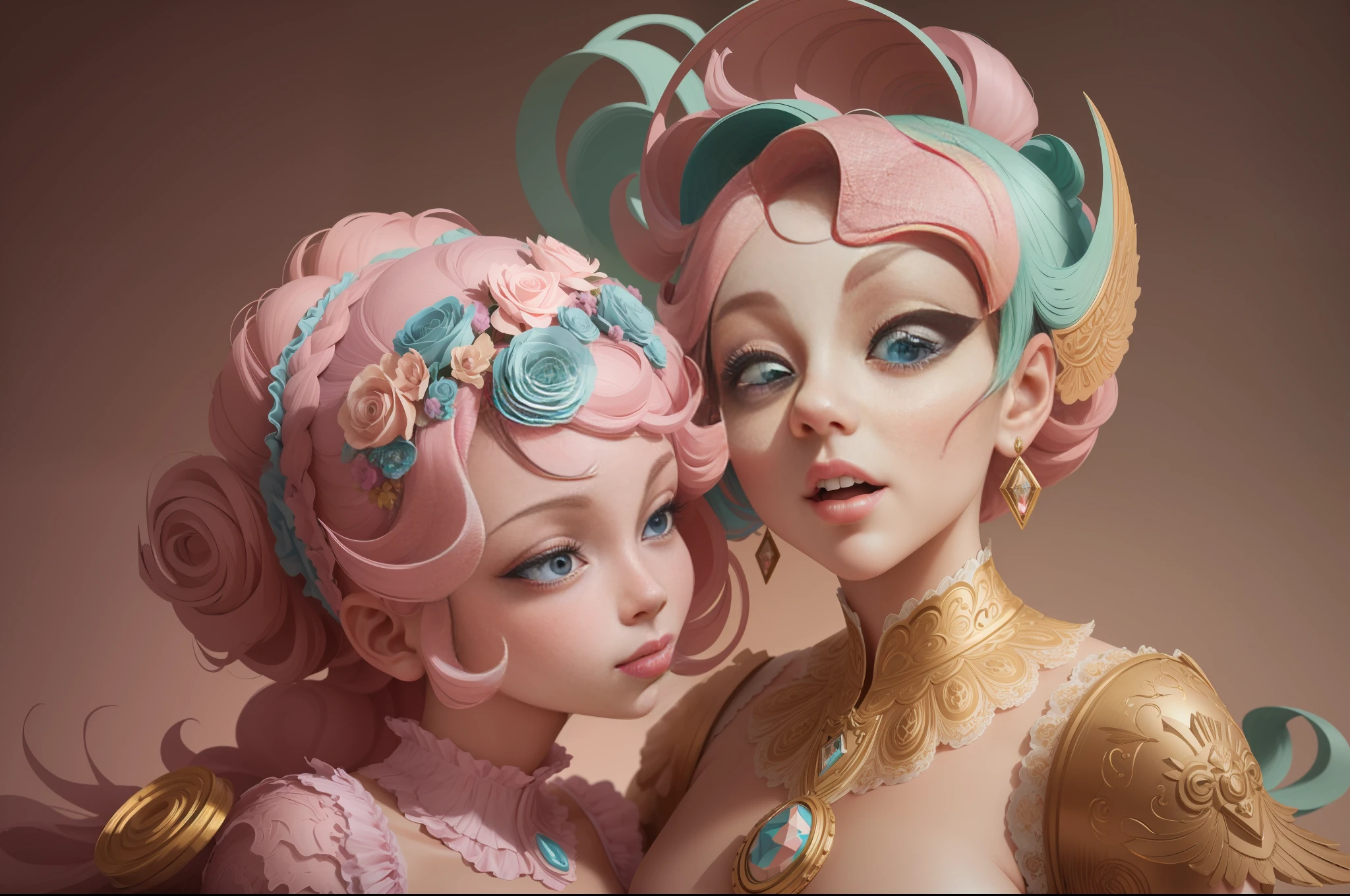 Absurdity, masterpiece, 3d rendering hand cut paper of Sex Toys in rococo pastel tones, mike campau, dmitry spiros, smooth and dynamic lines, classical balance, kinuko y style. Craftsmanship, colorful complexity