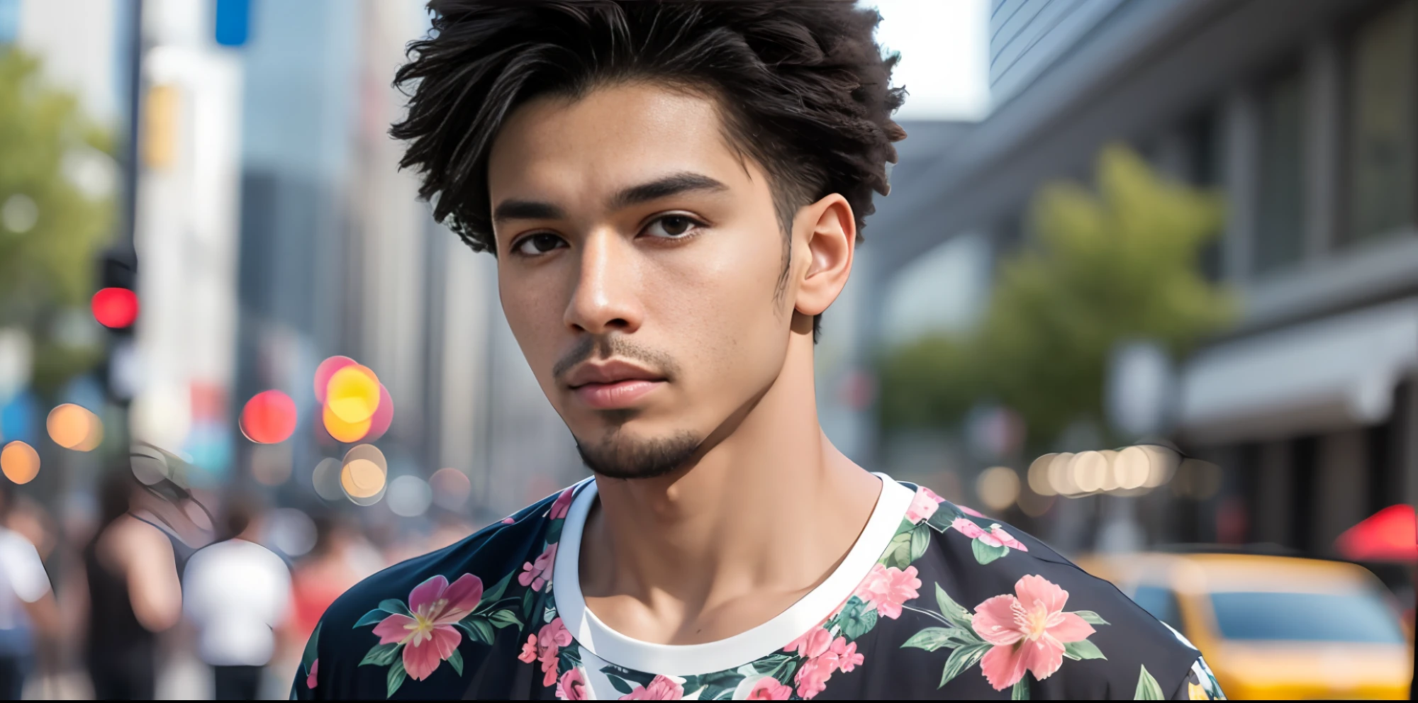 Best Quality, Ultra High Resolution, (Realistic:1.4), Masterpiece, Blurred Background, American Street, Solo, 25 years old, man, mixed-race black, handsome, standing, looking at the audience, wearing a T-shirt in full floral style, the T-shirt pattern is an abstract repeating pattern --auto --s2