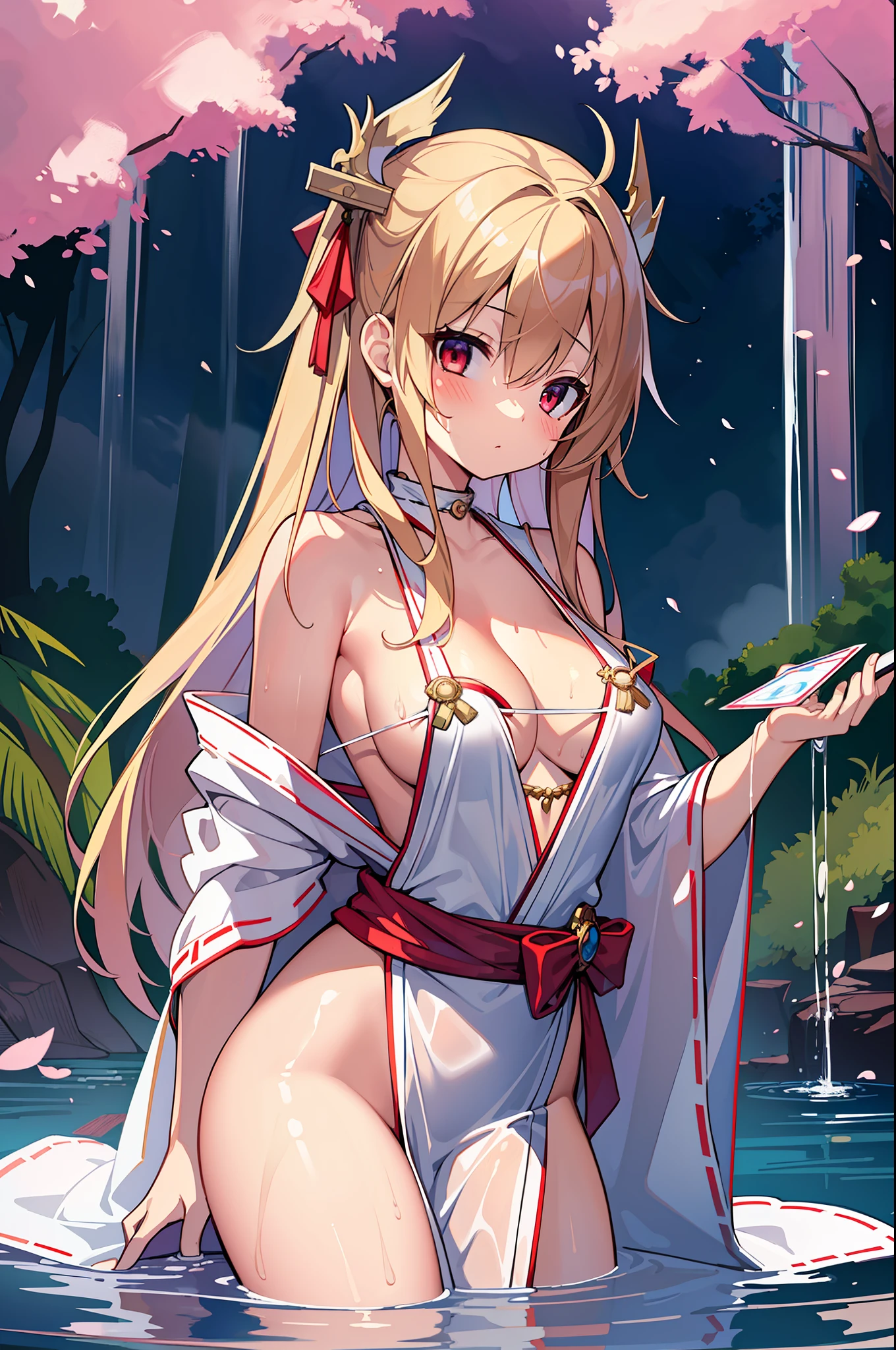 (MASTERPIECE), (Best Quality), (Ultra Detail), (Best Anatomy), Official Art, One Girl, Lori with Light Hair, Petite , Priestess, Silk Hakama, Small Breasts, Cleavage, Off Shoulder, Side Boob, Thigh Focus, Wet Sheer, Breasts, Card Illustration, Shrine, Lake
