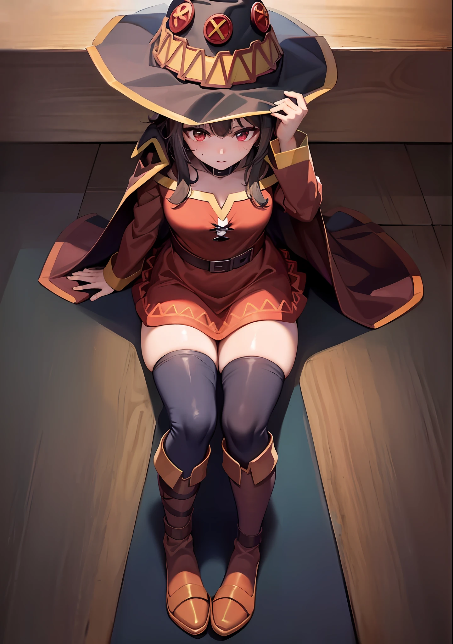 at the bottom, looking down at the viewer, (masterpiece:1.3), (intricate:1), best quality, official art, 8k wallpaper, highly detailed, illustration, cinematic light, Megumin,megumin's style, cape, hat, 1 girl, (full body view:1.2), sitting on the floor