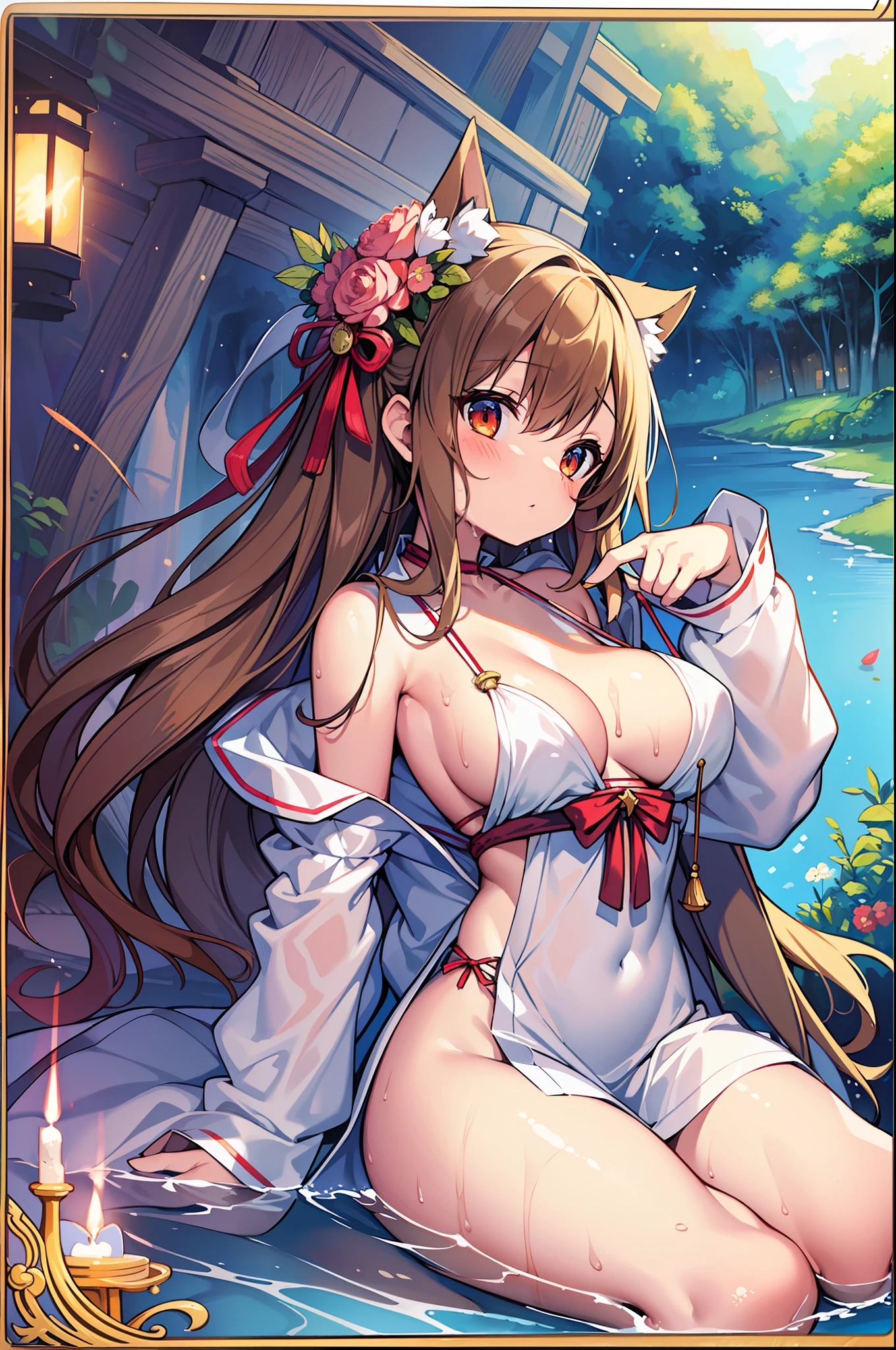 (MASTERPIECE), (Best Quality), (Ultra Detail), (Best Anatomy), Official Art, One Girl, Lori with Light Hair, Petite  Girl, Priestess, Silk Hakama, Small Breasts, Cleavage, Off Shoulder, Side Boob, Thigh Focus, Wet Sheer, Breasts, Card Illustration, Shrine, Lake