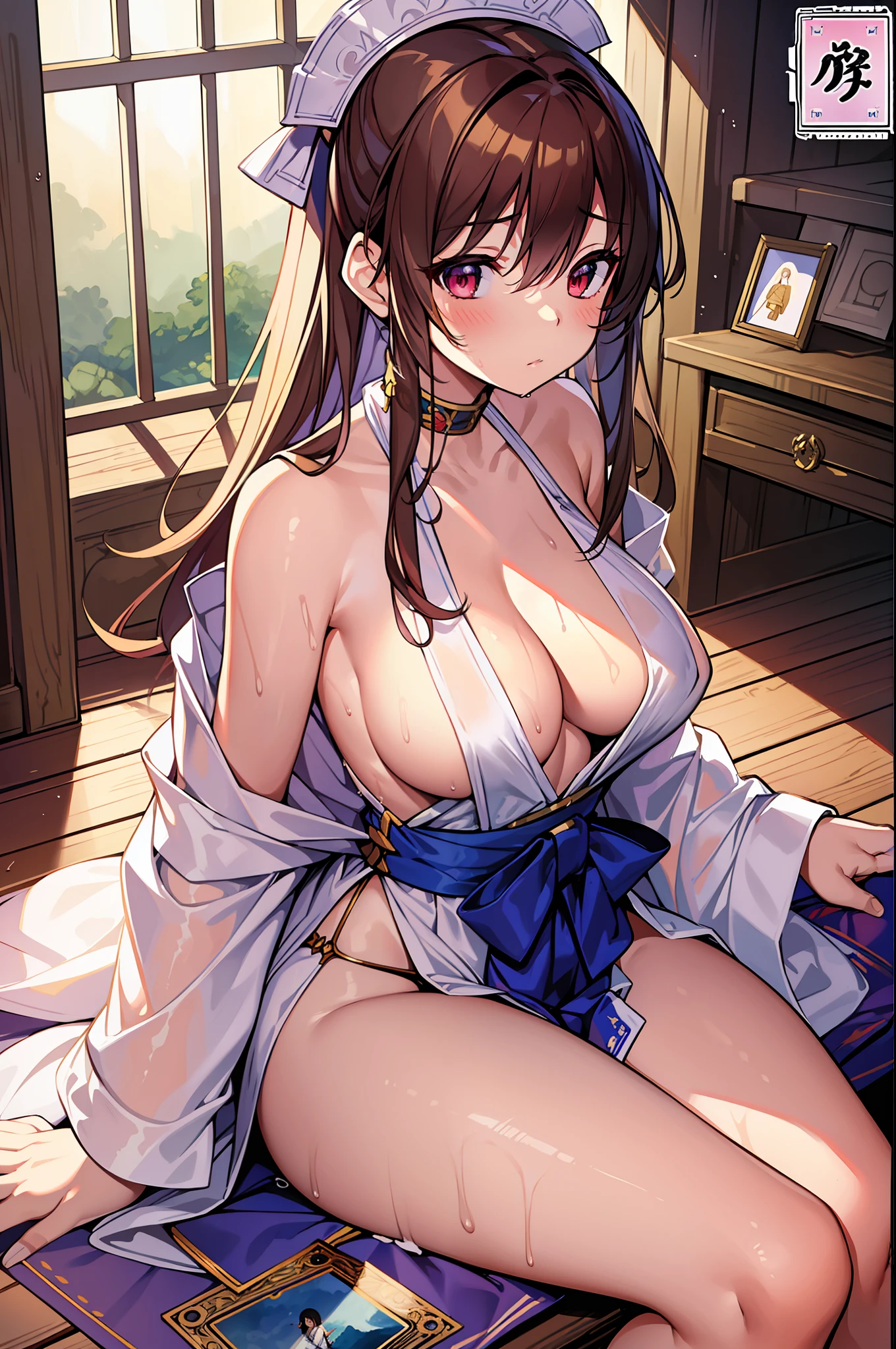 (MASTERPIECE), (Best Quality), (Ultra Detail), (Best Anatomy), Official Art, One Girl, Lori with Light Hair, Petite Little Girl, Priestess, Silk Hakama, Small Breasts, Cleavage, Off Shoulder, Side Boob, Thigh Focus, Wet Sheer, Breasts, Card Illustration, Shrine, Lake