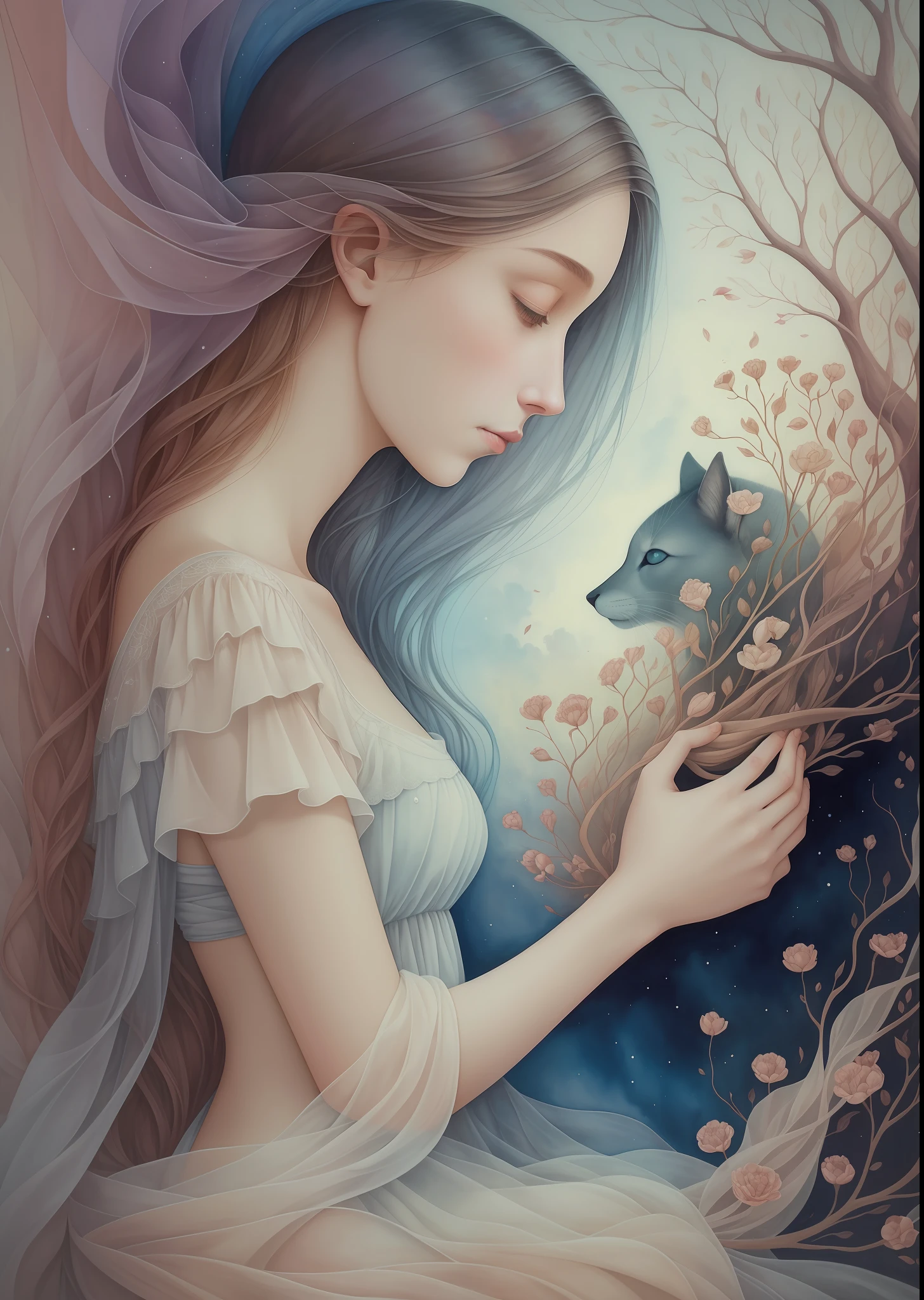 A captivating and introspective professional color drawing, crafted in a masterful blend of the unique artistic styles inspired by Amy Brown, Daria Petrilli, and Andrea Kowch. This remarkable artwork showcases the delicate fusion of soft watercolors, inks, and colored pencils, resulting in a harmonious composition. The piece emanates a soft whimsical aura, featuring a serene woman gracefully traversing the wonders of nature. The artwork seamlessly weaves together the profound connections between humans and animals, offering a glimpse into the enchanting bond that exists between these beings. The use of soft, muted shades adds depth and evokes a sense of tranquility, while the minimalist shapes imbue the artwork with an elegant simplicity --auto --s2