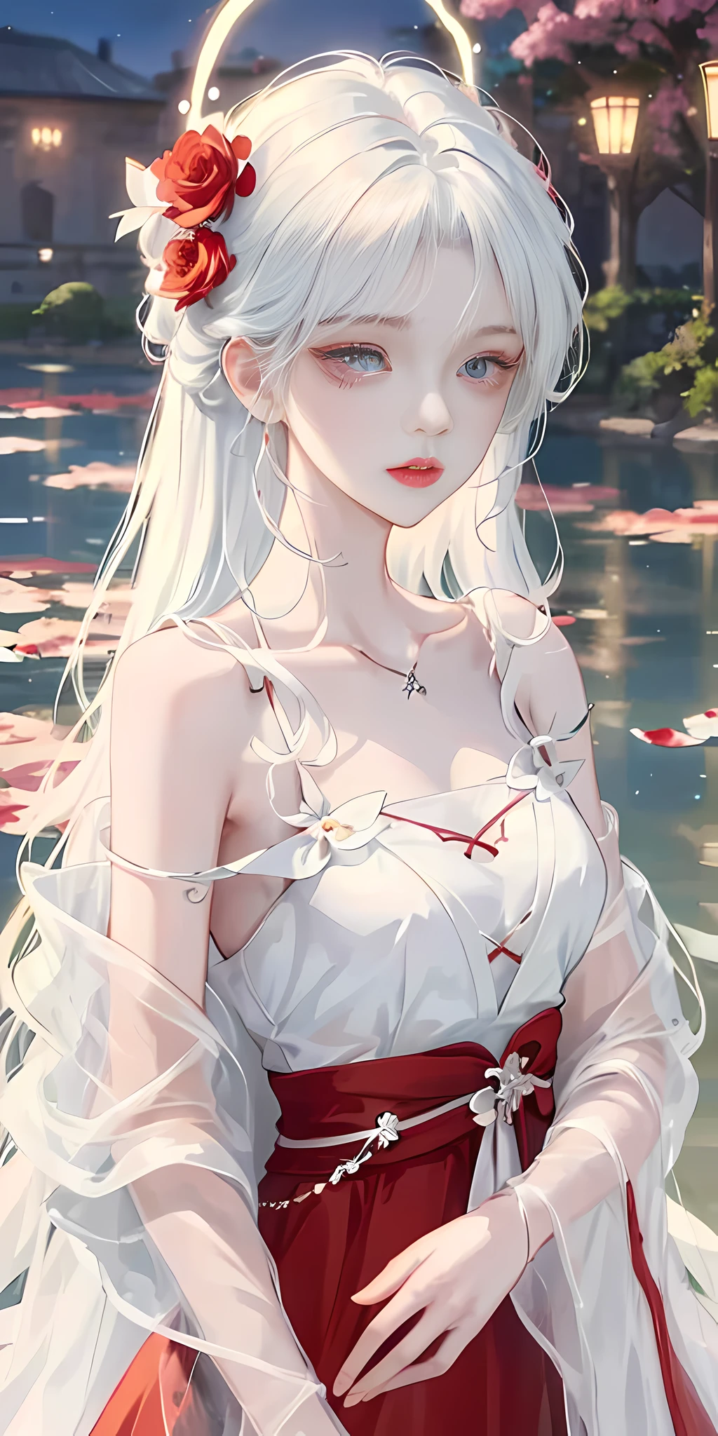 close-up, (((looking at the camera))), beautiful girl, garlic, flower, (beautiful girl), delicate facial features, detailed portrayal of the corners of the eyes, bust photo, moist lips, sad eyes, long white hair, smooth and delicate skin, ((red clothes)), red long skirt, bare thighs, colorful, fantasy art, mysticism, dream scenes, dreams, dream lights, seduction, psychedelic, misty halo, (((night))), ((night)), river bank, full of flowers on the other side, dream, Flying red tiny petals, red fluorescent petals, fluorescent flowers, fluorescent flowing water, standing in the water, shallow water, master works, extreme details, dissecting correctly, correct limbs, accurate, hud, HD, exquisite details, 8K, red light