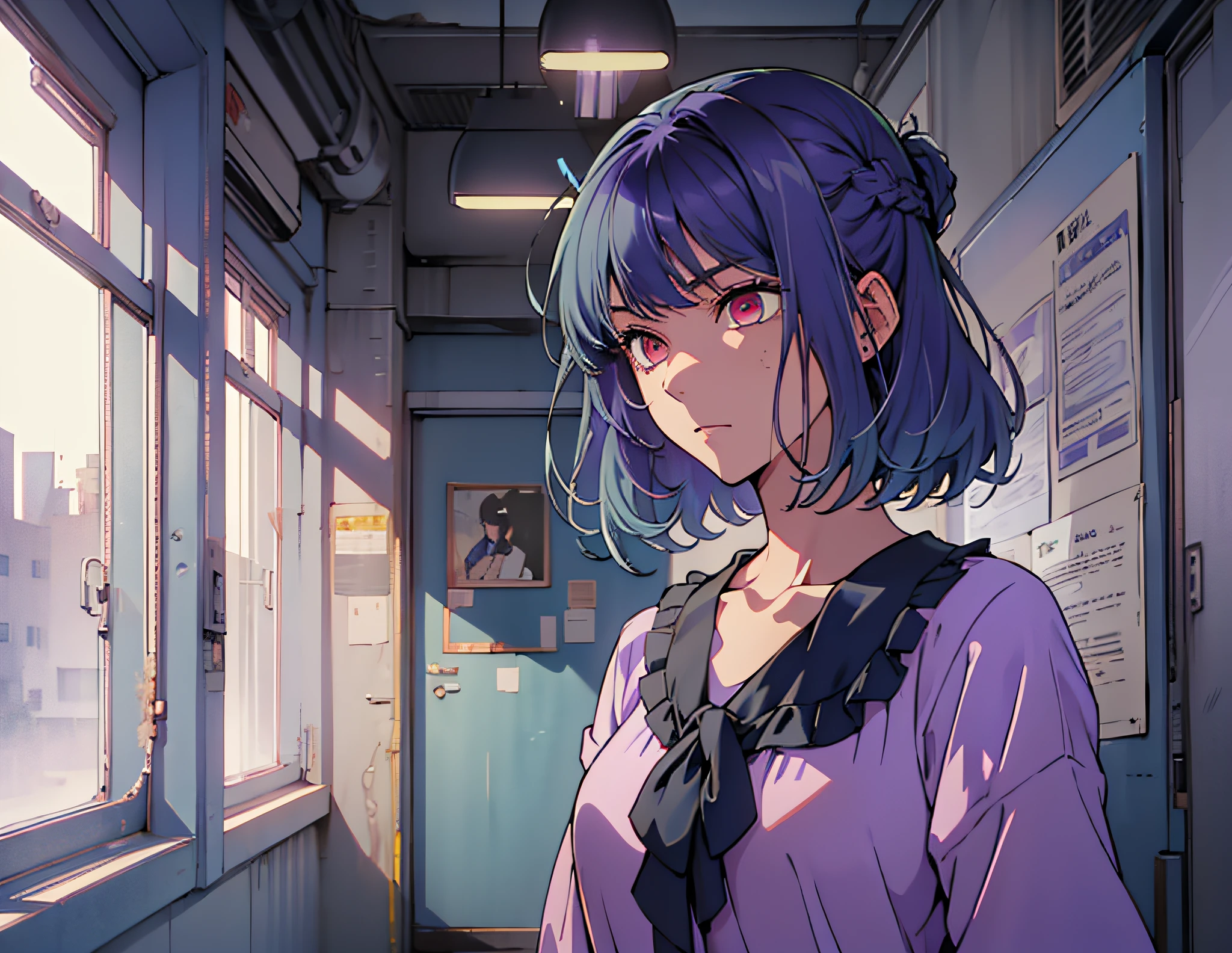 (((1girl))), ((((solo)))), ((messy hairstyle)), standing taking a picture, (((blue-violet hair)), red eyes, soft blouse
