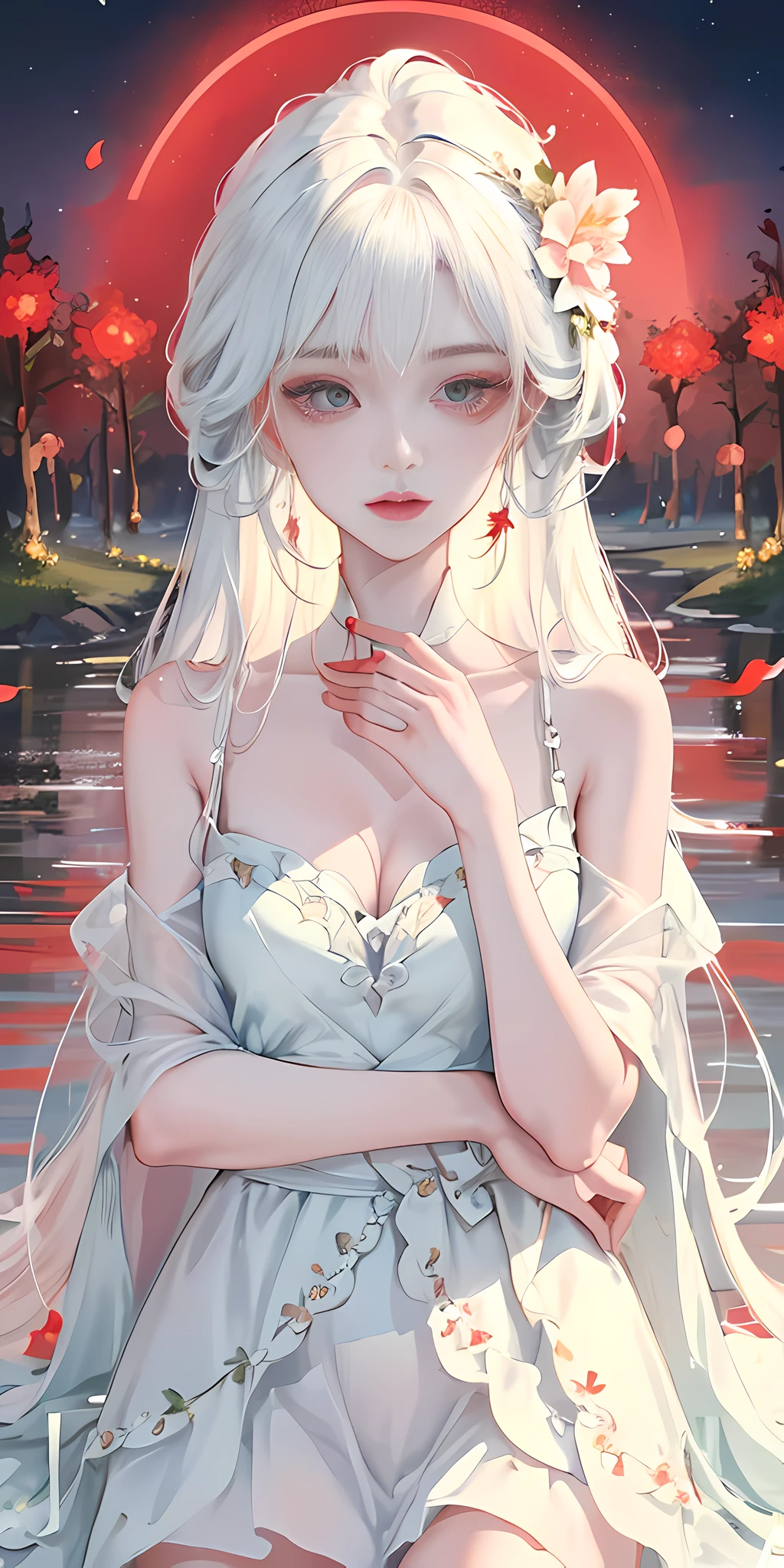 close-up, (((looking at the camera))), beautiful girl, garlic, flower, (beautiful girl), delicate facial features, detailed portrayal of the corners of the eyes, bust photo, moist lips, sad eyes, long white hair, smooth and delicate skin, ((red clothes)), red long skirt, bare thighs, colorful, fantasy art, mysticism, dream scenes, dreams, dream lights, seduction, psychedelic, misty halo, (((night))), ((night)), river bank, full of flowers on the other side, dream, Flying red tiny petals, red fluorescent petals, fluorescent flowers, fluorescent flowing water, standing in the water, shallow water, master works, extreme details, dissecting correctly, correct limbs, accurate, hud, HD, exquisite details, 8K, red light