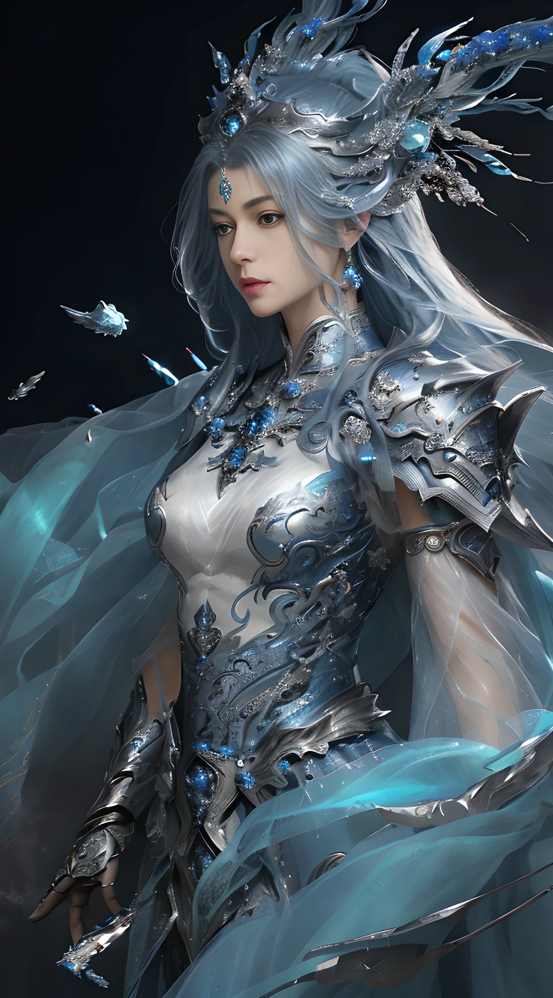 Close-up of a woman in a blue dress with a phoenix headdress, detailed fantasy art, epic and exquisite character art, 2. 5d CGI anime fantasy artwork, stunning character art, 4k fantasy art, light blue armor, highly detailed fantasy art, detailed fantasy digital art, wearing ethereal armor, fantasy art style, beautiful armor, beautiful fantasy art