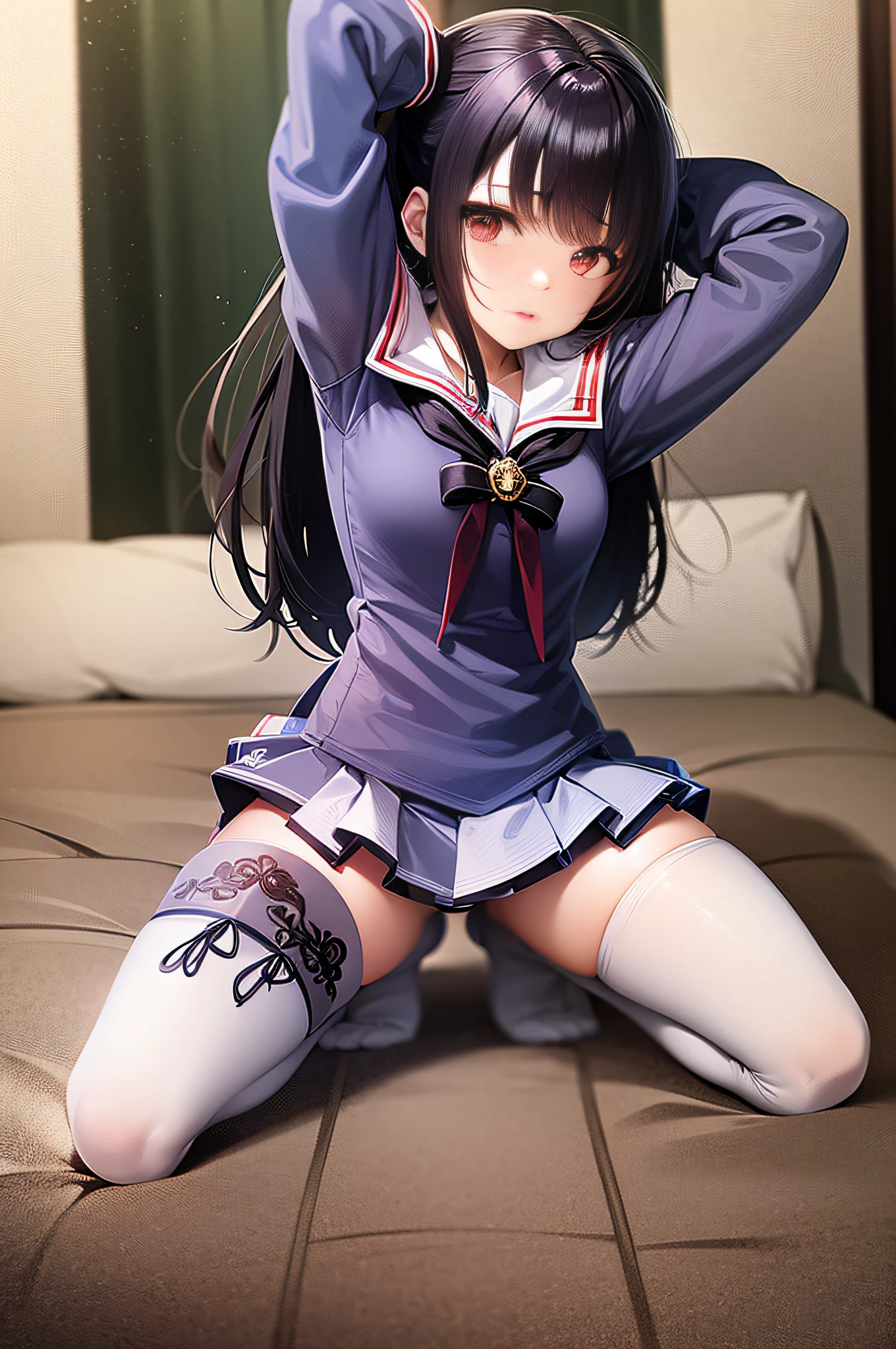 Witch high school student, red eyes, sailor suit, blue short skirt, white pantyhose, white stockings, kneeling on the bed, arms raised, hands behind the head, body facing the camera