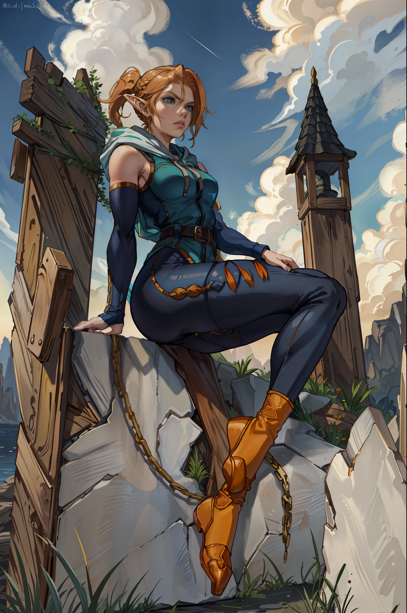 1girl, (((solo)))), bodybuilder, musuclar, hoodie oversized, big ass, strong shoulders, auburn long yellow hair, blue eyes,masterpiece, best quality, shoes, full body, posing for a photo, beautifully color-coded, socks, scrunchbutt leggings white background, studio, looking away, hooded, landscape a cave, night weather, strong wind, dust in the air, elf ears
