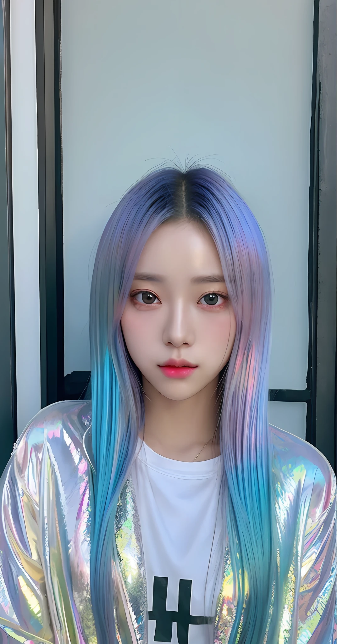 girl, anime, looking at viewer with a cigarette in her mouth, highly detailed, reflections transparent iridescent opaque jacket, long transparent iridescent reflective hair, ((ultra realistic perfect face)), (pastel colors)