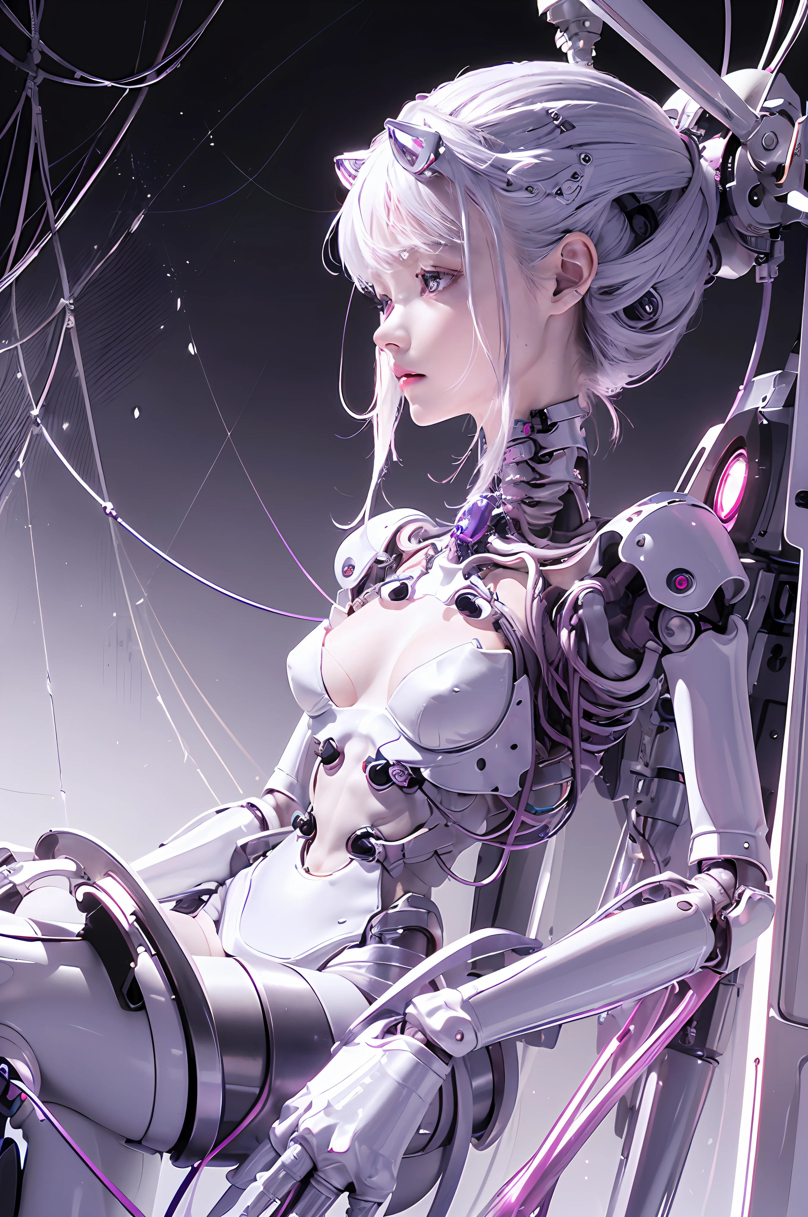 (((Masterpiece)))), (((highest quality)))), ((Ultra Definition)), (Very Detailed Photoreality), (((Very Delicate and Beautiful)), (Delicate and Pretty Face), Cinematic Light, (((1 Machine Girl)), Solo, Full Body, Big, Cleavage Is Visible Skin, White Hair, Purple Eyes, Luminous Eyes, (Mechanical Joint: 1.4), (Mechanical limbs)), (Blood vessels connected to tubes), (( Mechanical vertebrae attached to the back)), ((Cervical vertebrae of the machine) attached to the neck)), (((sitting)), expressionless, (wires and cables attached to the head and body: 1.5), (character focus), small LED lamps on the body, Evangelion, SF, metallic body, detailed neon