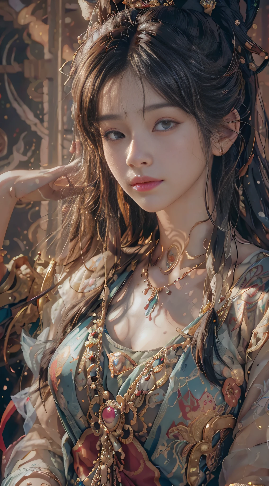 (RAW photo, best quality), (realistic, photo-realistic:1.3),best quality,highly detailed,masterpiece,ultra-detailed,illustration,1girl,upper_body,dynamic angle,world masterpiece theater,messy_long_hair,best quality,extremely detailed CG unity 8k wallpaper,ink,Amazing,cinematic lighting,lens_flare, dunhuang_style