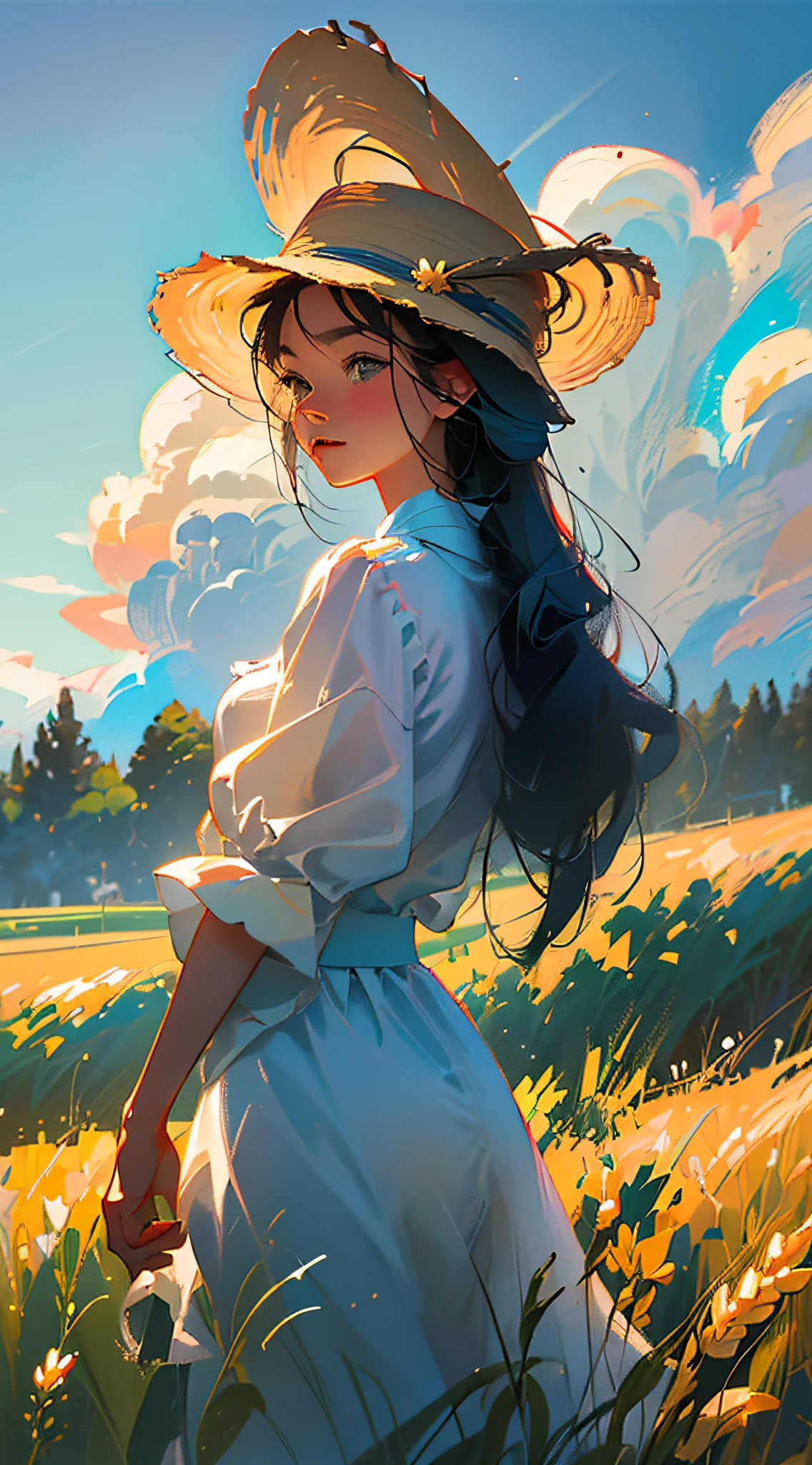 Wheat field, a farmer uncle with a straw hat standing in a wheat field, big clouds, blue sky, rice field, neat rice seedlings in the field, forest, hillside, secluded, rural, HD detail, hyper-detail, cinematic, surrealism, soft light, deep field focus bokeh, ray tracing and surrealism. --v6