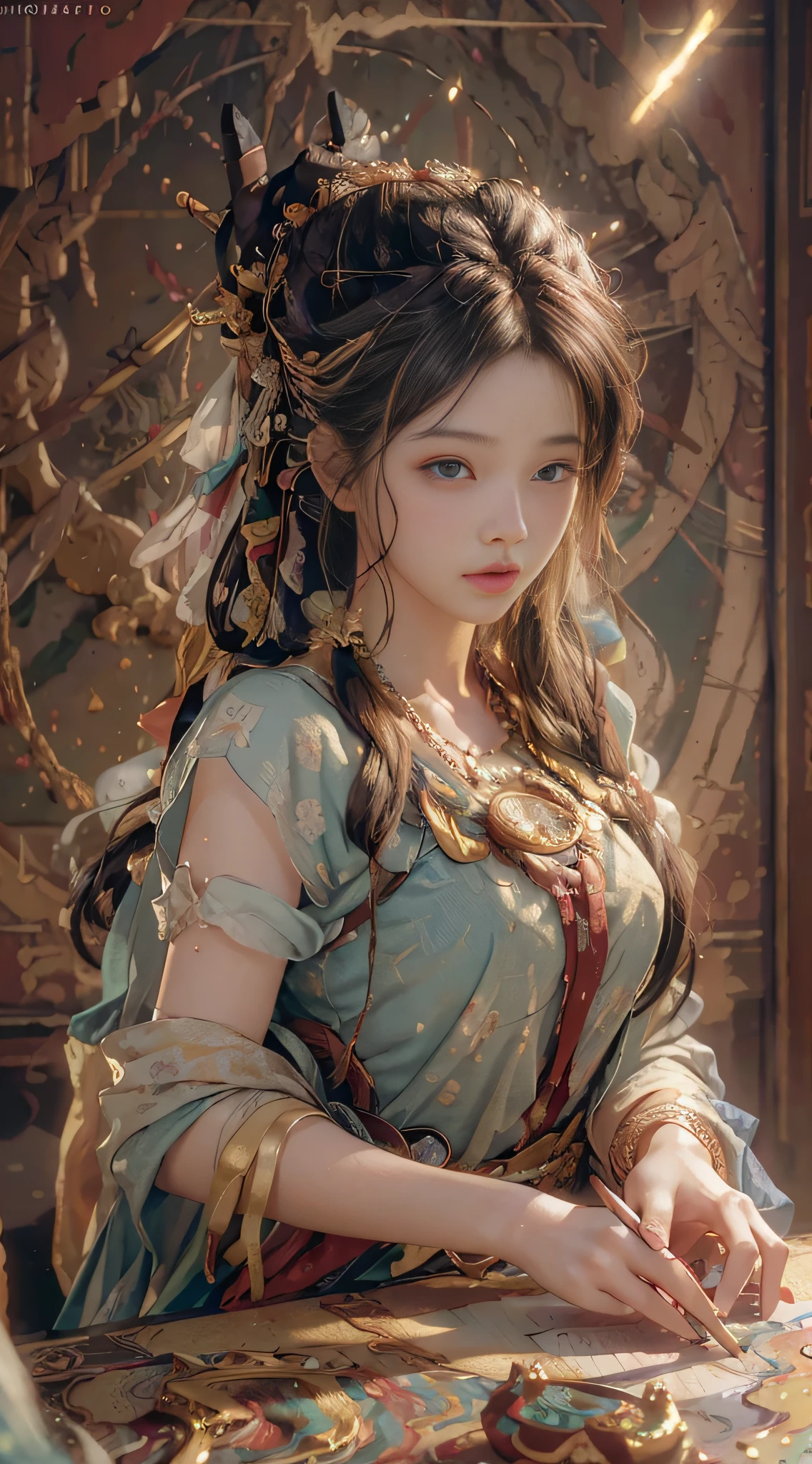 (RAW photo, best quality), (realistic, photo-realistic:1.3),best quality,highly detailed,masterpiece,ultra-detailed,illustration,1girl,upper_body,dynamic angle,world masterpiece theater,messy_long_hair,best quality,extremely detailed CG unity 8k wallpaper,ink,Amazing,cinematic lighting,lens_flare, dunhuang_style