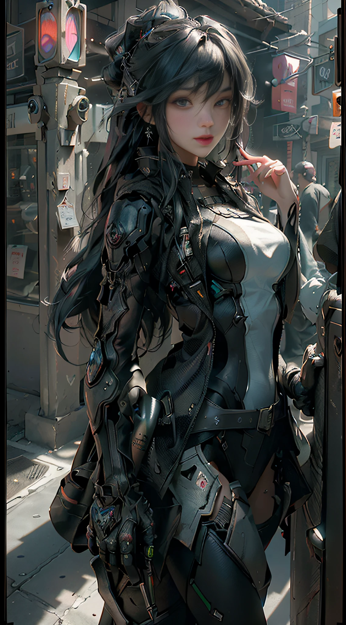 ((Best quality)), ((masterpiece)), (detailed:1.4), 3D, an image of a beautiful cyberpunk female,HDR (High Dynamic Range),Ray Tracing,NVIDIA RTX,Super-Resolution,Unreal 5,Subsurface scattering,PBR Texturing,Post-processing,Anisotropic Filtering,Depth-of-field,Maximum clarity and sharpness,Multi-layered textures,Albedo and Specular maps,Surface shading,Accurate simulation of light-material interaction,Perfect proportions,Octane Render,Two-tone lighting,Wide aperture,Low ISO,White balance,Rule of thirds,8K RAW,