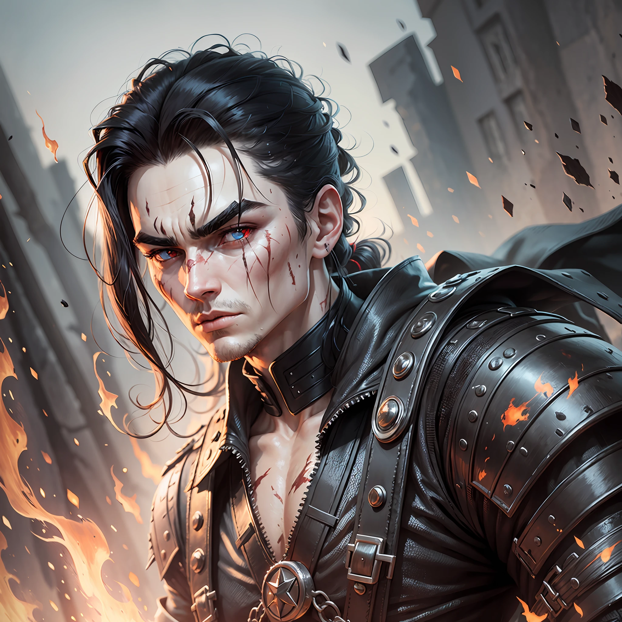 Best picture quality, male, general, battlefield, thick eyebrows, bloodshot eyes, pale, murderous, black hair, delicate facial features, scars, corpse mountain, dusk, fire magic --auto --s2