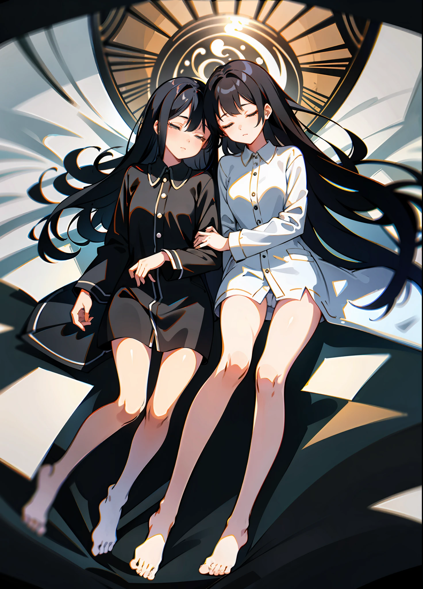 absurd res, high res, (masterpiece:1.4), ultra-detailed, 1girl, pajamas, bare legs, black hair, closed eyes, girls, sisters, yuri, 69