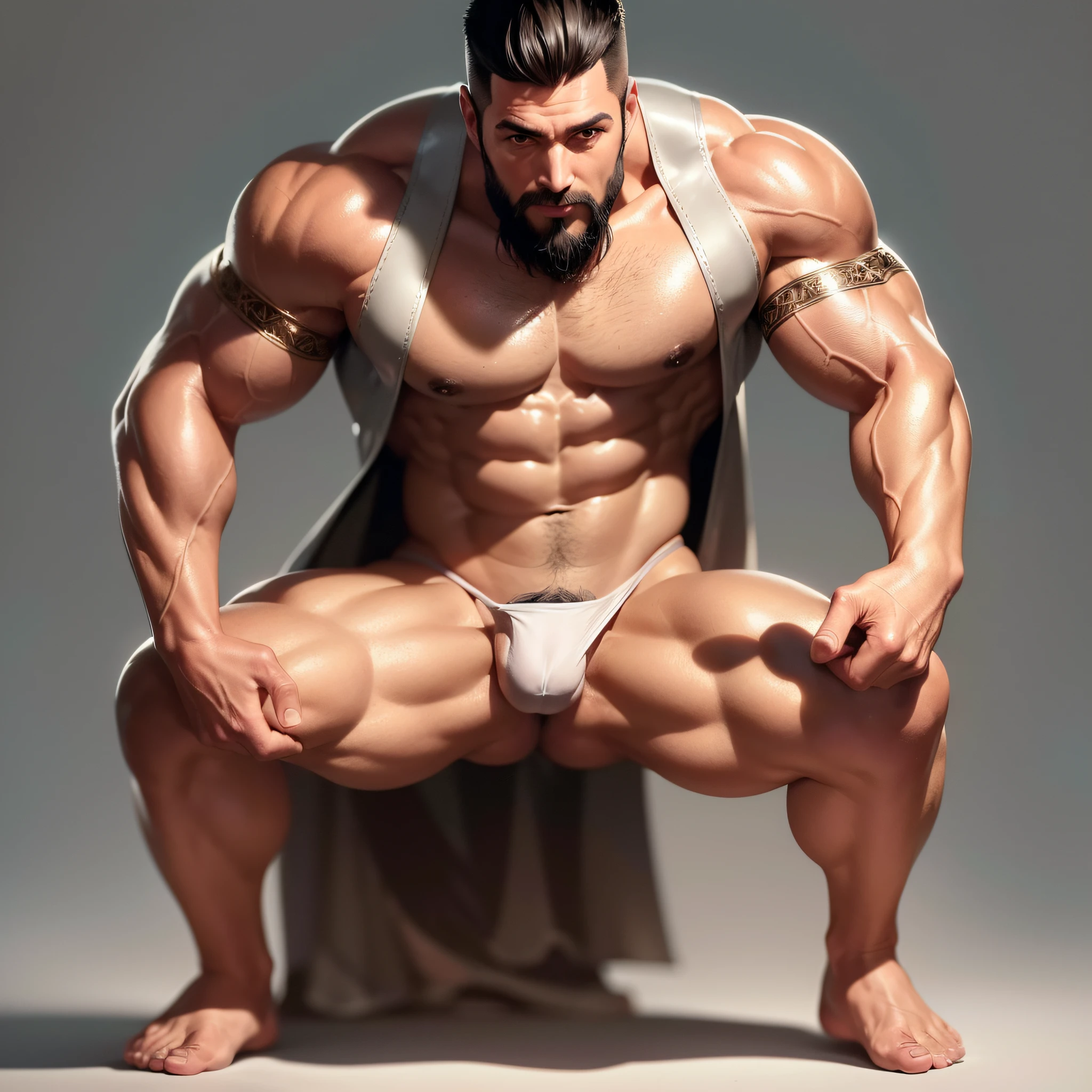 Best quality, realistic, award-winning illustrations, Full body display (intricate details: 1.2), (fine details), (intricate details), (cinematic lighting, best quality), sharp lines, sharp focus, official art, 16k, on white background, (smiling man: 1.3), a naughty young boss, a shredded hood short hair and muscular man with beard stubble, macho (short hair beard: 1.3), one inch head and a smiling look, about 32 years old, (32 years old), short inch hair, (beard stubble: 1.3), (details with shallow wrinkles on the face: 1.2), (mature male facial details: 1.2), , obvious male characteristics, flirting with the camera。 No top, bare chest, revealing perfect chest muscles and alluring, only the lower body wearing completely transparent skin-colored thongs, naked, thick, varicose veins, slightly shiny, slightly nude, seems to overflow, alluring faint overflow, extreme detail depiction, man poses for photos, sexy and provocative, all white background, poses to take pictures. Full body display (transparent skin-colored thong with vaguely revealing internal erection structure: 1.7) (Extreme sexiness and seduction: 1.5) (Full body display, panty bulge, male erection: 1.9) (Perfect facial features of Asian supermodel, : 1.5) sweaty, hot --auto --s2