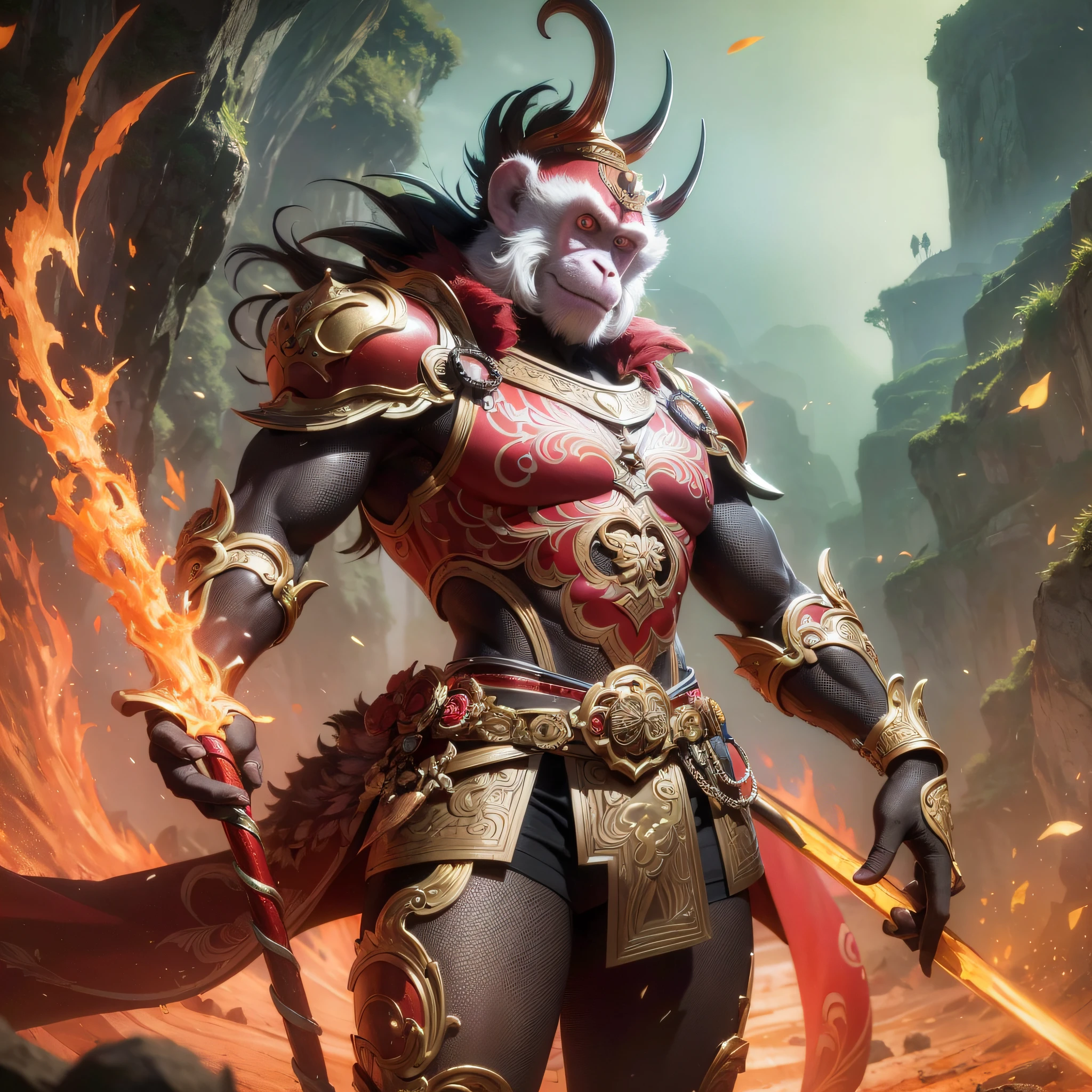 ((Masterpiece)), Optimal image quality, Highly realistic, High resolution 8k wallpaper, stick in hand, Monkey King dressed in shiny armor, cutting through the dark red light. --auto --s2