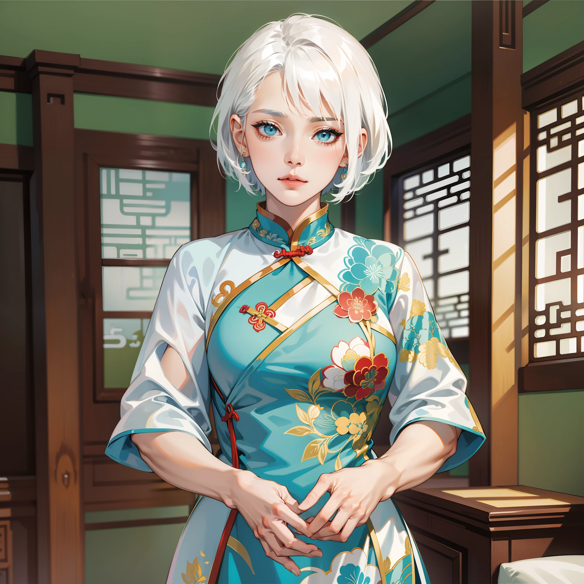 Female, middle-aged, white hair, wrinkled, wearing cyan cheongsam, standing, living room background, bust