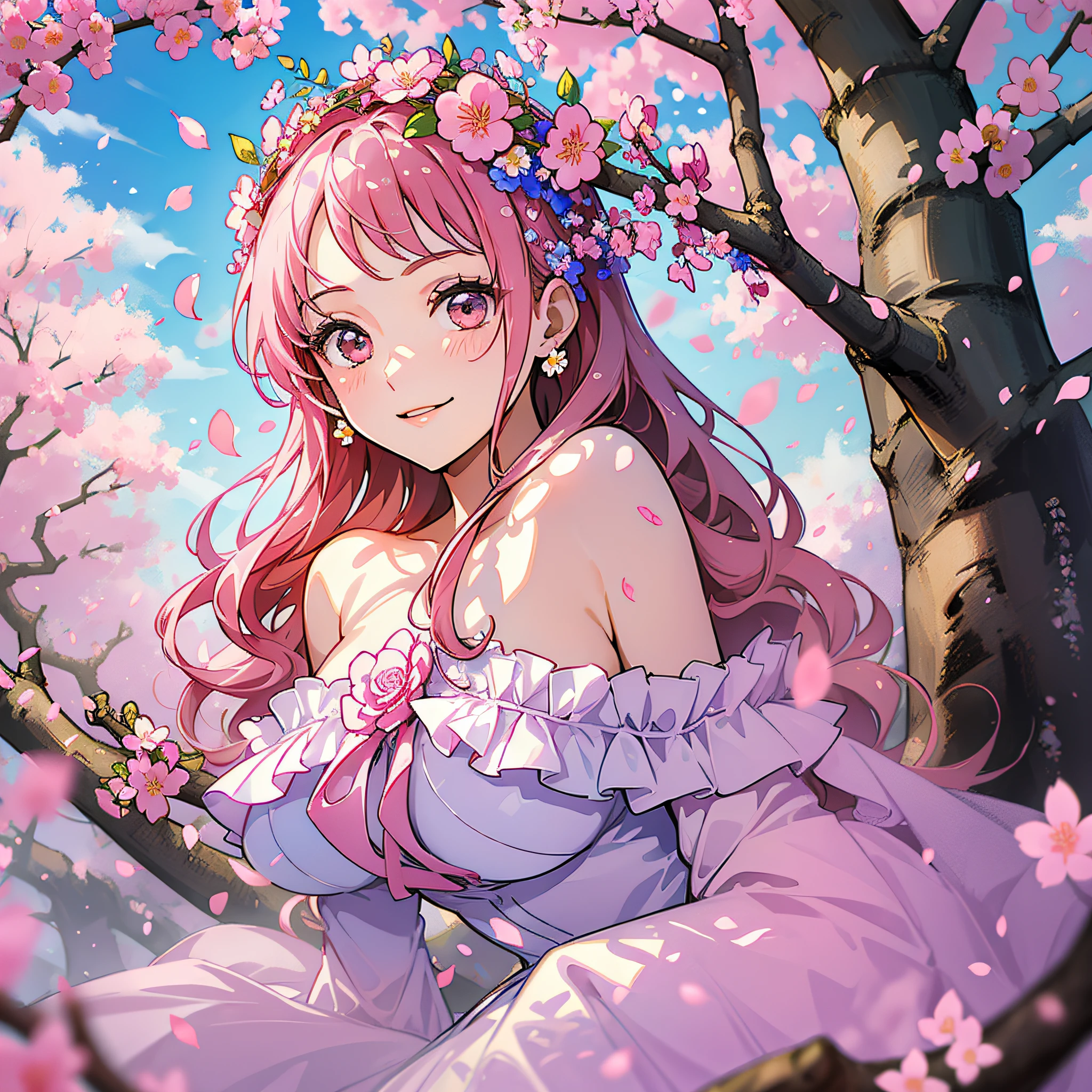 cherry_blossoms, falling_petals, petals, branch, pink_flower, 1girl,20-year-old, blue_sky, spring_\(season\), petals_on_liquid, flower, hanami, dress, (golden long curly hair: 1.5), wearing flower wreath, sky, outdoor, Clouds, bangs, smile, pink eyes, white dress with cherry blossoms, bare shoulders, earrings, best quality. Picture perfect. holding_flower, wind, tree, looking_at_viewer, cowboy shot, detail enhancement.
