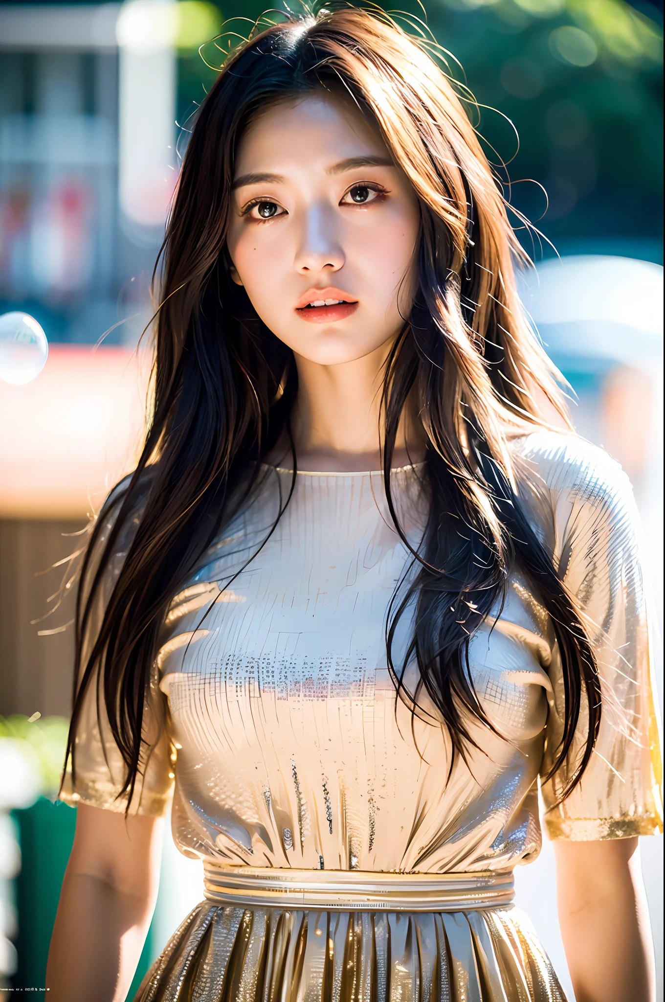 (masterpiece:1.1), (best quality:1.1), highly detailed, {highres}, {an extremely delicate and beautiful},(ultra detailed),(disheveled hair),(illustration),(dynamic angle), (1girl), (Fashionable clothing), standing,Fashion model,looking at viewer, (interview), (simple background),,beautifuldetailedeyes,delicate beautiful face,Floating,(high saturation),(colorful splashes),colorful bubble,(shining),(beautifuldetailed Light and shadow) ,