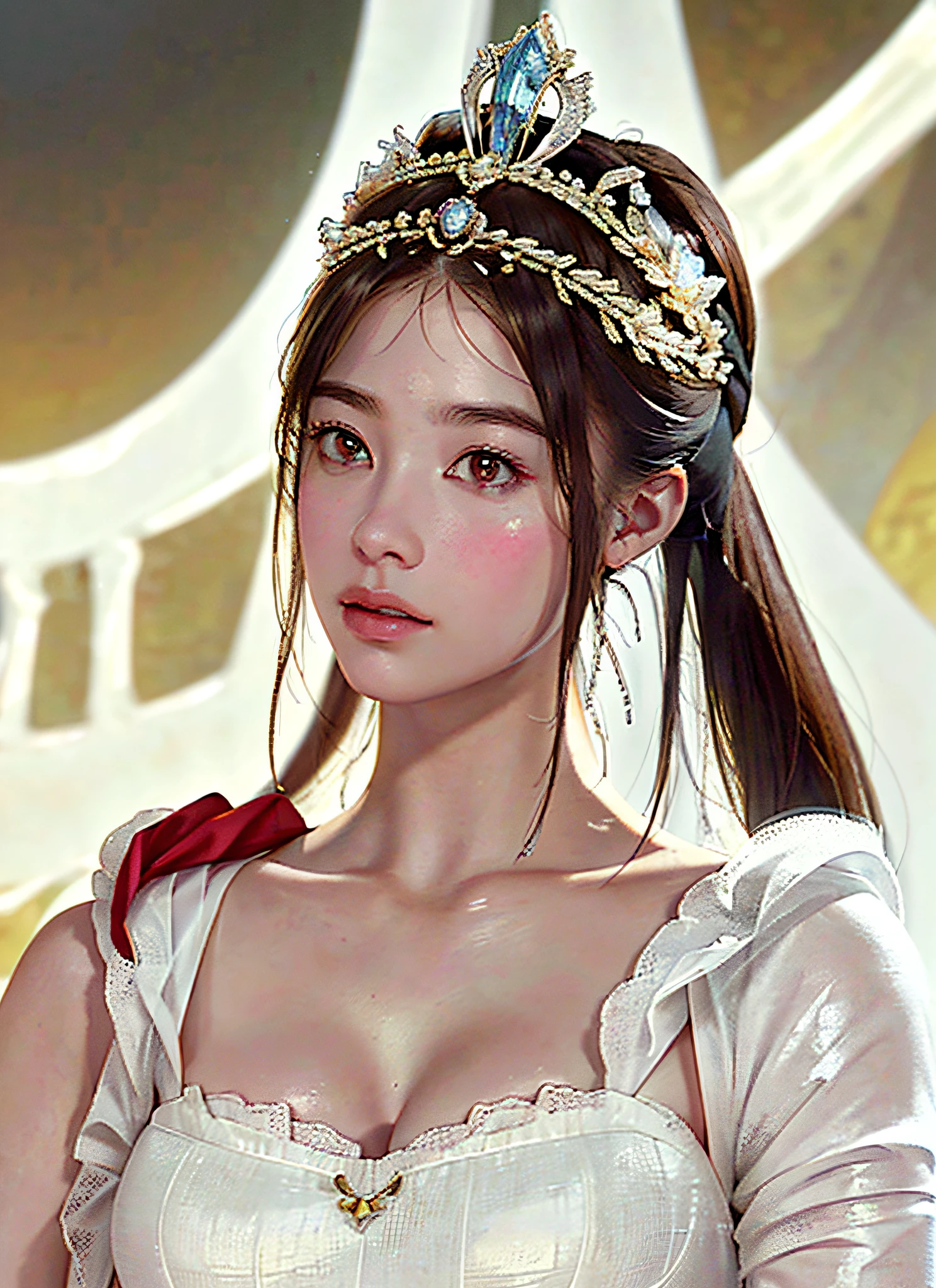 Ultra detailed complex 3D rendering of the face, (Colossal breasts: 7.8), full body image, red bra, long ugly hair, viewer show, red complex exposure wearing high super armor, (shiny skin),((Realistic lighting, top quality, 8K, masterpiece: 1.3)), clear focus: 1.2, 1 girl, perfect figure: 1.4, , (cleavage), intricate details, Ultra detailed complex 3D rendering of beautiful porcelain profile face, effects, jeweled super detailed big crown: 1.2), big,, sexy swimsuit, (surreal), (high resolution), (8K), (very detailed), (beautiful detailed eyes), (best quality), (super detailed), jewels with intricate details, one girl, solo, long hair, wind, gorgeous face, top quality, masterpiece, Maximum detail, diffused lighting, (brown hair: 1.3), Valhalla Valkyrie, beauty, facial muscles