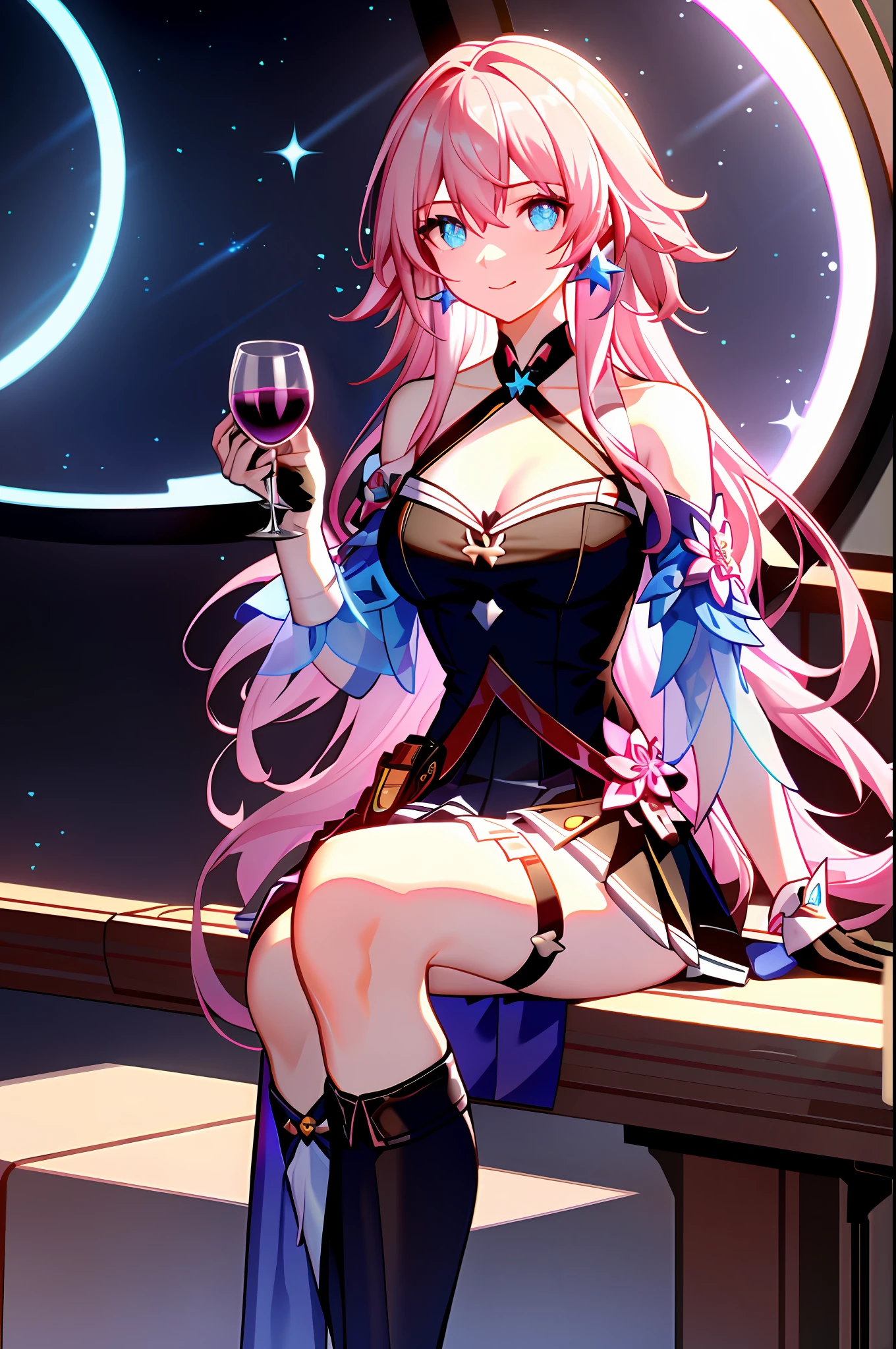 7thmarch,7th_march, honkai star rail, 1girl, alcohol, alternate costume, armlet, bare shoulders, black background, black dress, black gloves, black thighhighs, breasts, cleavage, criss-cross halter, cup, dress, drinking glass, flower, gloves, gradient background, hair between eyes, blue earing, halterneck, holding, holding cup, large breasts, long hair, looking at viewer, pink hair, pink nails, blue eyes, see-through gloves, solo, thighhighs, thighs, very long hair, wine, wine glass, ((masterpiece)) pleated pink skirt, sitting,