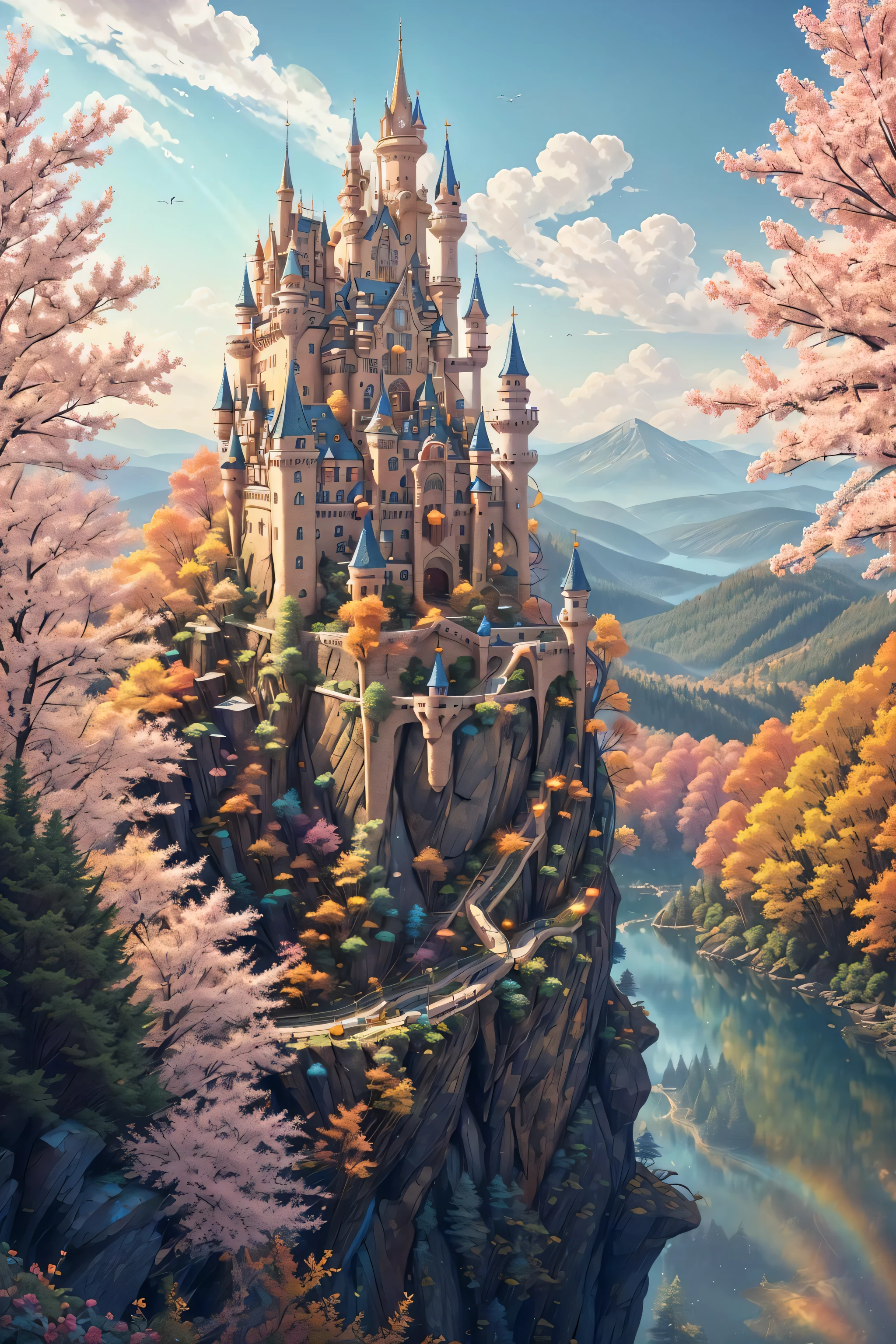 colorful, A forbidden castle high up in the mountains, pixel art, (intricate details:1.12), hdr, (intricate details, hyperdetailed:1.15), (natural skin texture, hyperrealism, soft light, sharp:1.2), game art, key visual, surreal