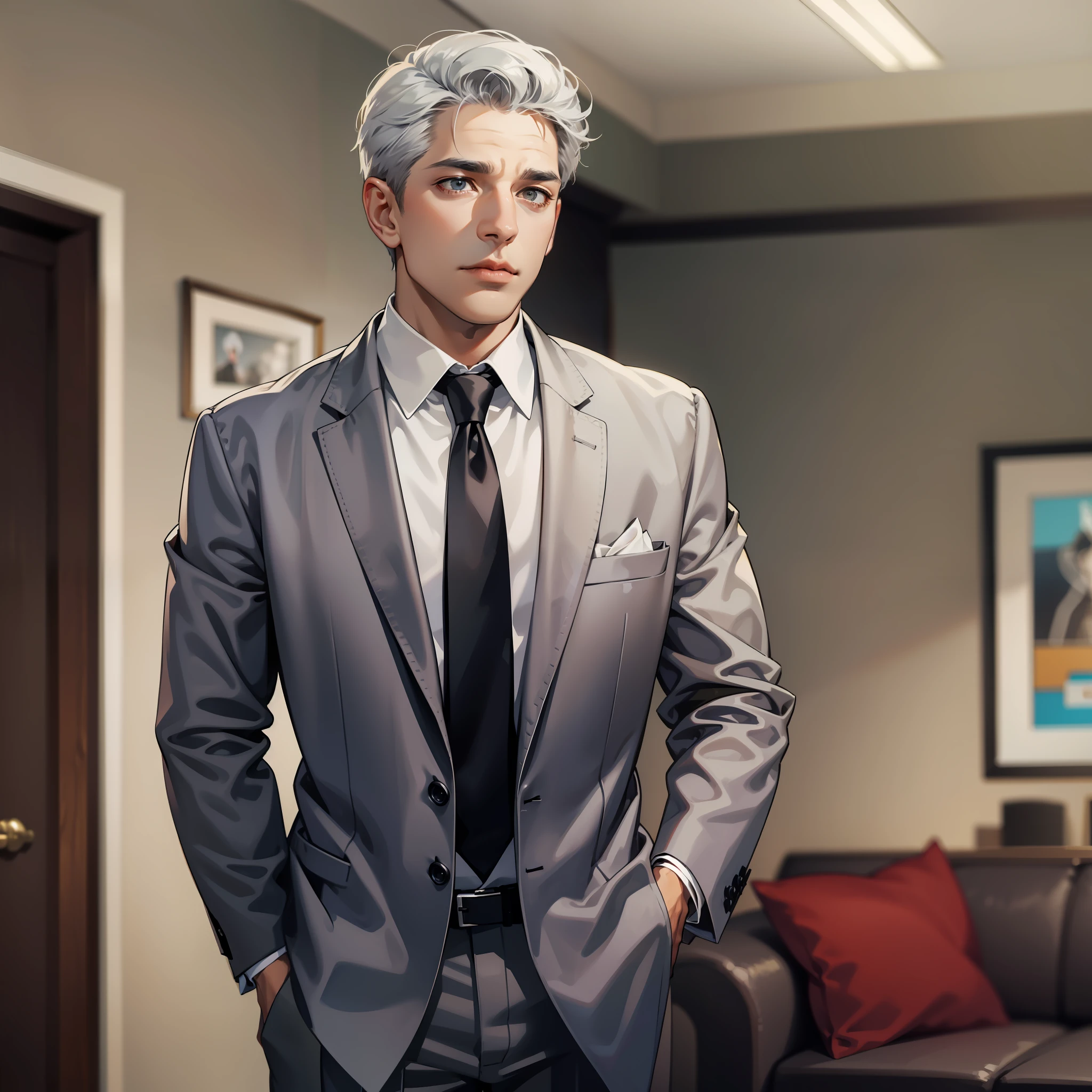 Male, middle-aged, gray hair, wrinkles, dark skin, wearing a suit, standing posture, living room background, thin figure
