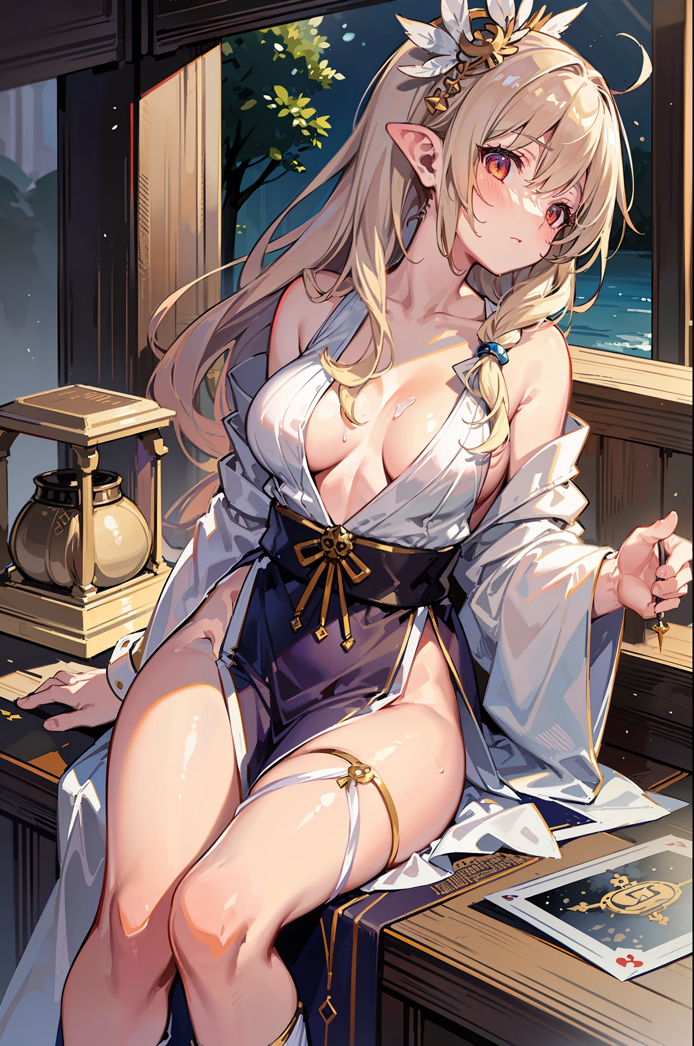(MASTERPIECE), (Best Quality), (Ultra Detail), (Best Anatomy), Official Art, One Girl, Lori with Light Colored Hair, Petite Girl, Priestess, Silk Hakama, Small Breasts, Cleavage, Off Shoulder, Side Boob, Thigh Focus, Wet Sheer, Chest Stretching, Card Illustration Style, Shrine, Lake